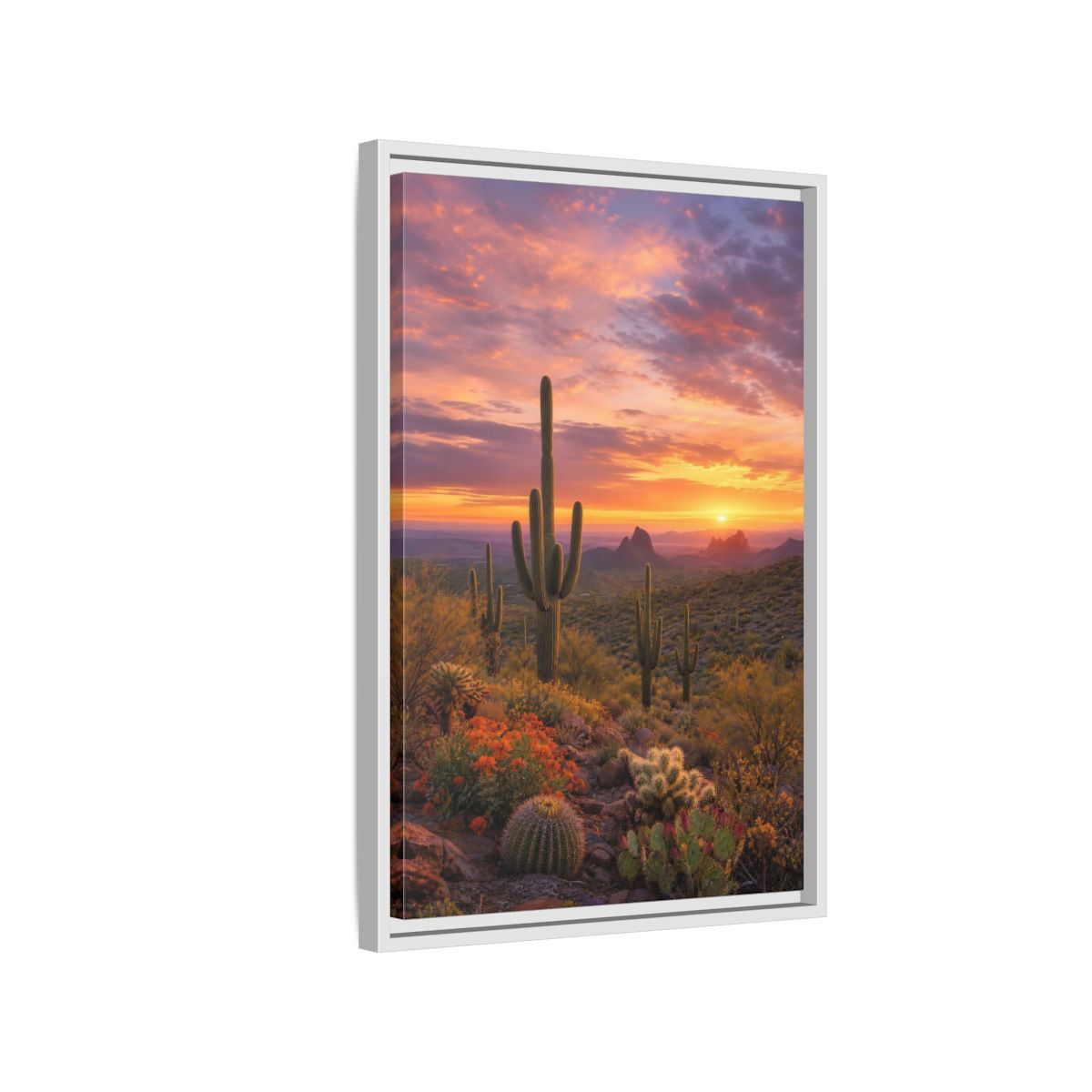 Side Mockup 1. Nature Saguaro Cactus Desert Sunset Cactus shown as stretched canvas wall art