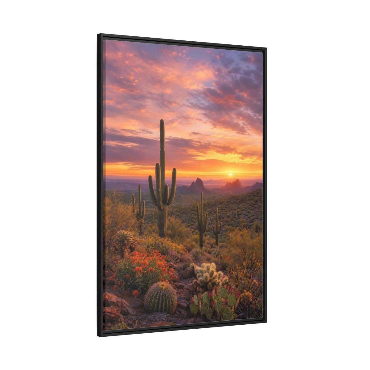 Side Mockup 12. Nature Saguaro Cactus Desert Sunset Cactus shown as stretched canvas wall art