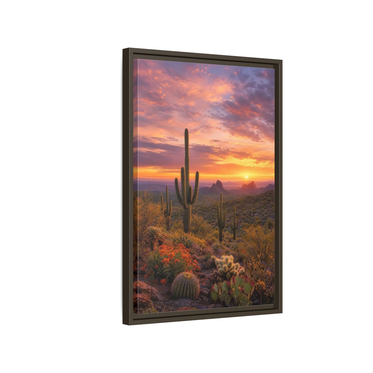 Side Mockup 2. Nature Saguaro Cactus Desert Sunset Cactus shown as stretched canvas wall art