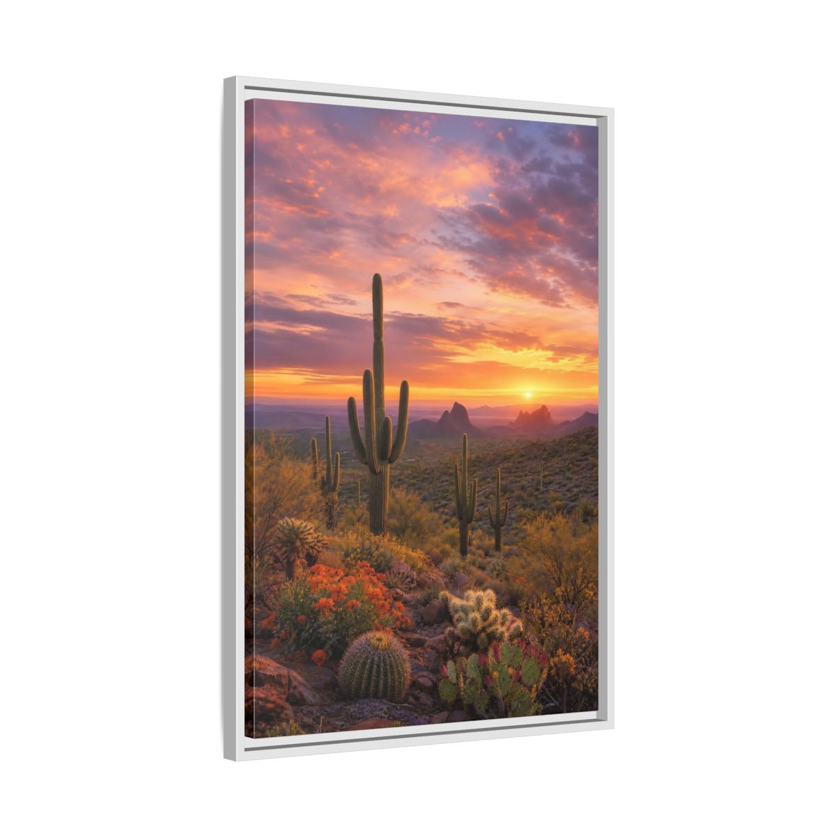 Side Mockup 10. Nature Saguaro Cactus Desert Sunset Cactus shown as stretched canvas wall art