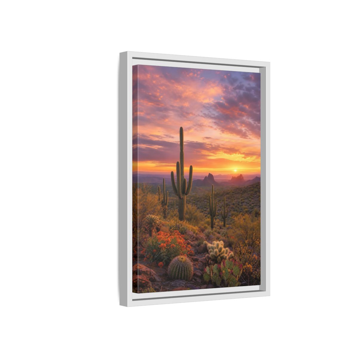 Side Mockup 4. Nature Saguaro Cactus Desert Sunset Cactus shown as stretched canvas wall art