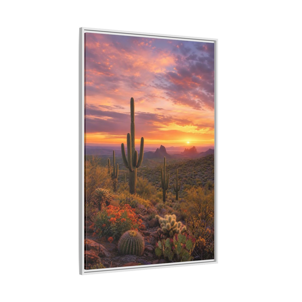 Side Mockup 7. Nature Saguaro Cactus Desert Sunset Cactus shown as stretched canvas wall art