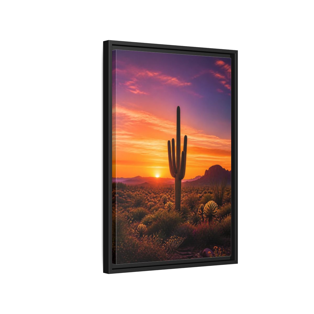 Side Mockup 3. Nature Saguaro Cactus Desert Sunset Orange shown as stretched canvas wall art