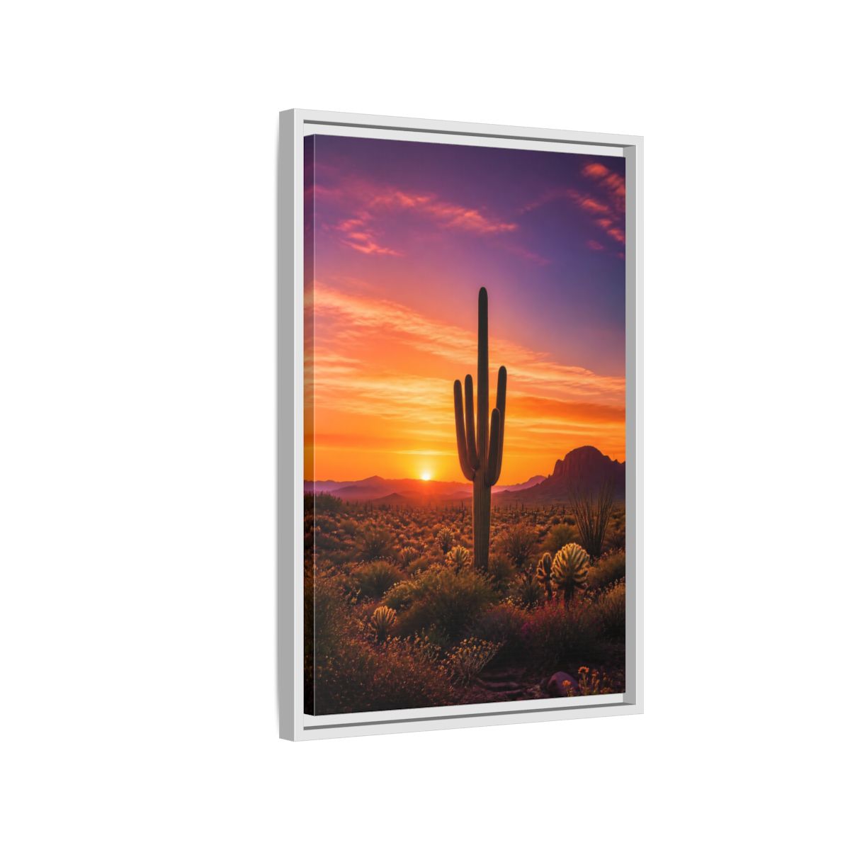 Side Mockup 1. Nature Saguaro Cactus Desert Sunset Orange shown as stretched canvas wall art