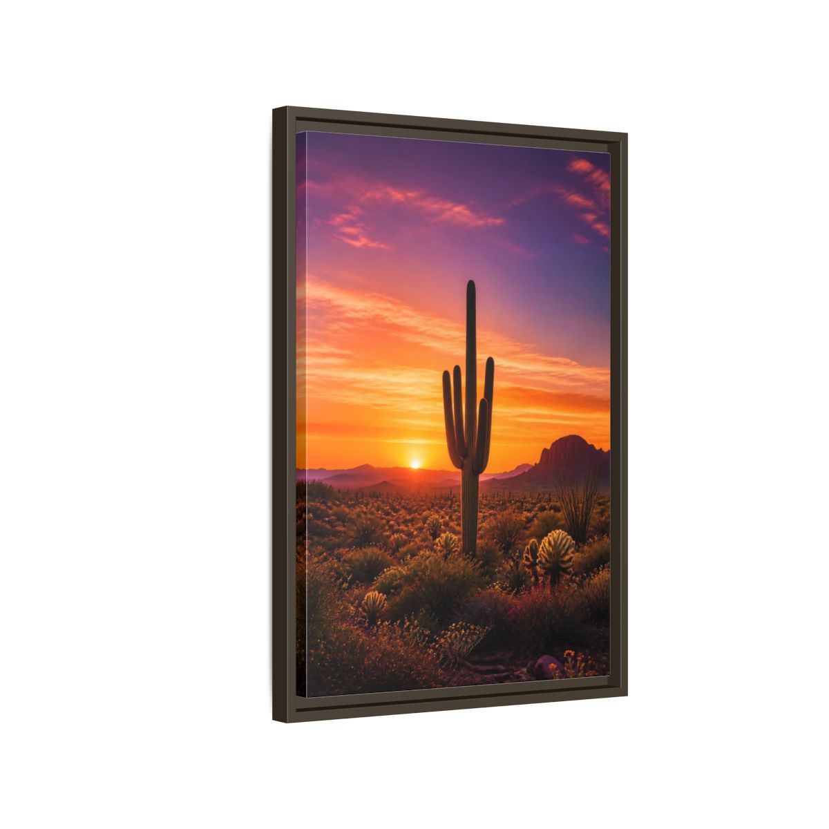 Side Mockup 2. Nature Saguaro Cactus Desert Sunset Orange shown as stretched canvas wall art
