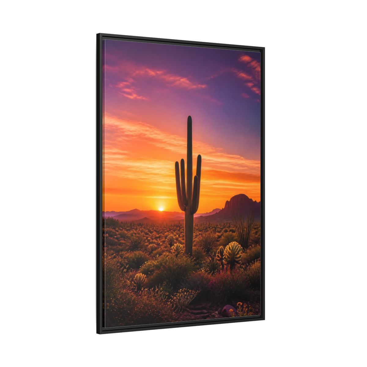 Side Mockup 12. Nature Saguaro Cactus Desert Sunset Orange shown as stretched canvas wall art
