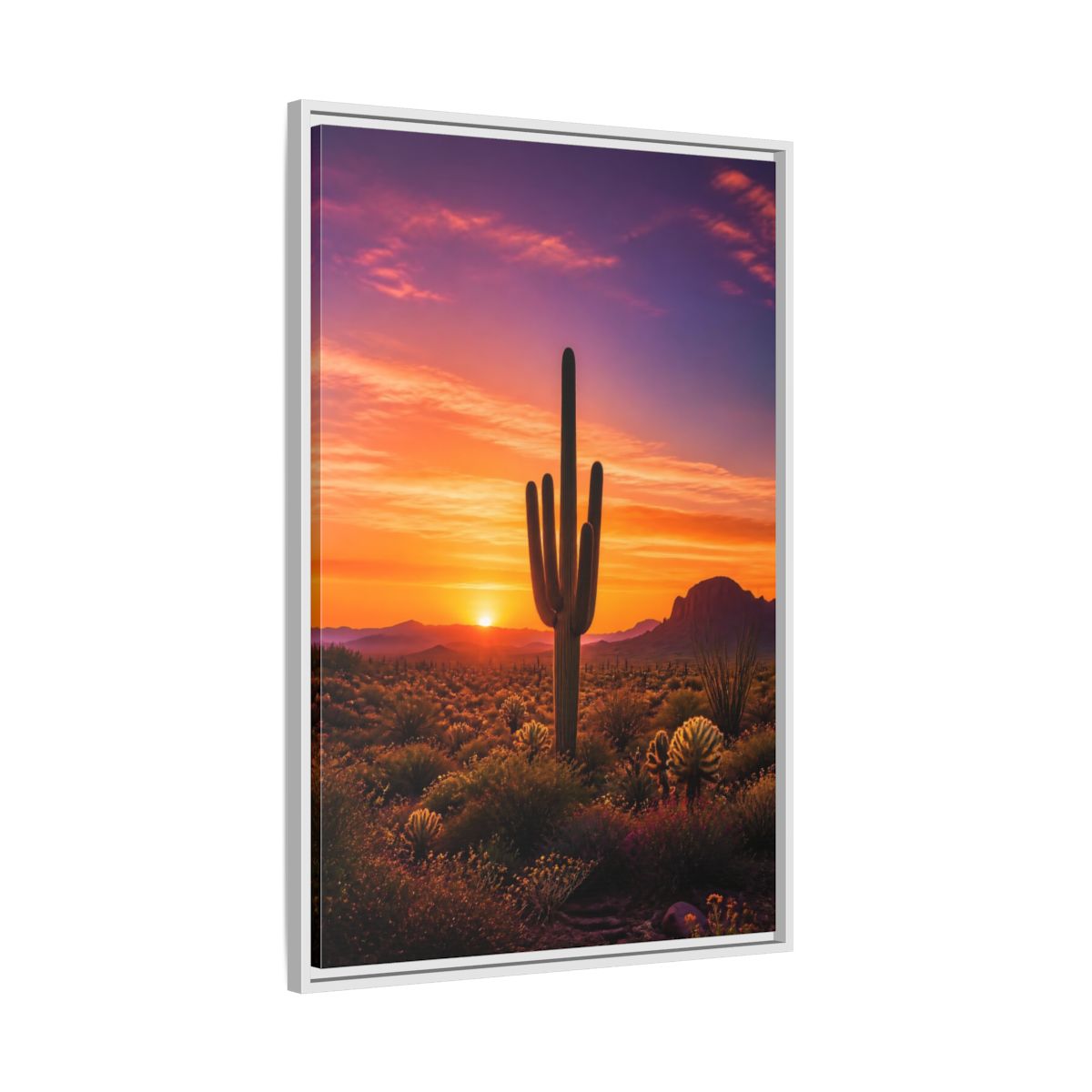 Side Mockup 9. Nature Saguaro Cactus Desert Sunset Orange shown as stretched canvas wall art