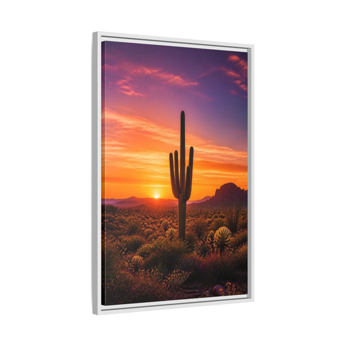 Side Mockup 10. Nature Saguaro Cactus Desert Sunset Orange shown as stretched canvas wall art