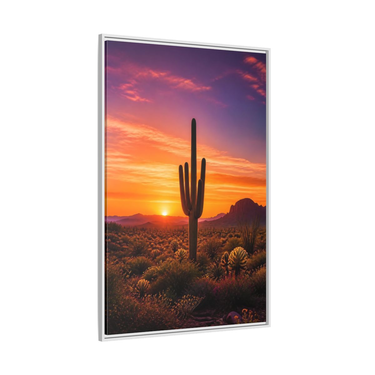 Side Mockup 7. Nature Saguaro Cactus Desert Sunset Orange shown as stretched canvas wall art