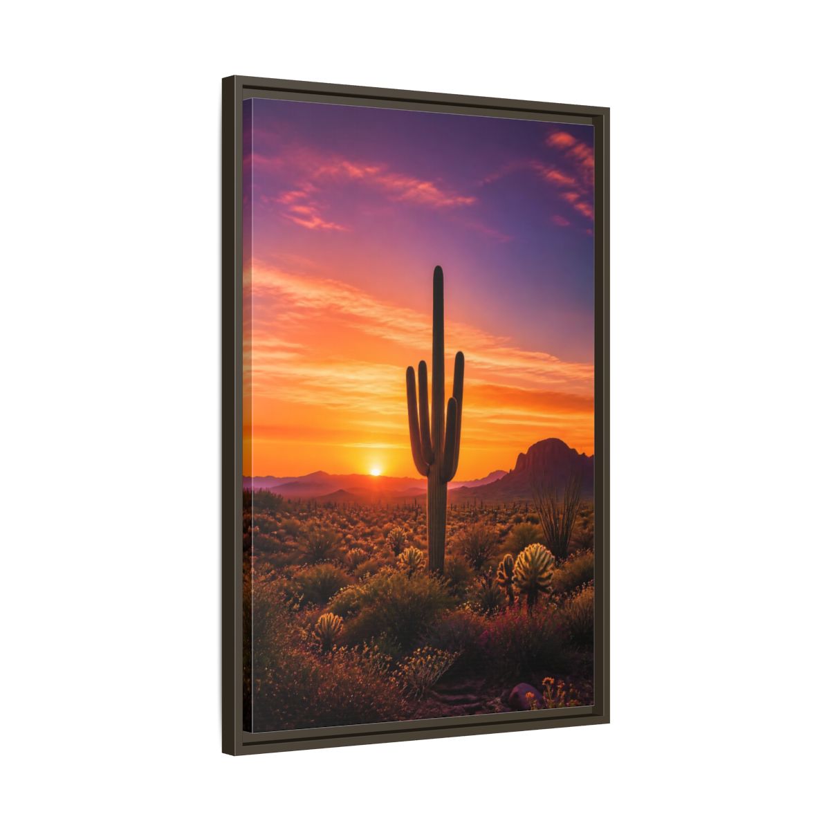 Side Mockup 11. Nature Saguaro Cactus Desert Sunset Orange shown as stretched canvas wall art