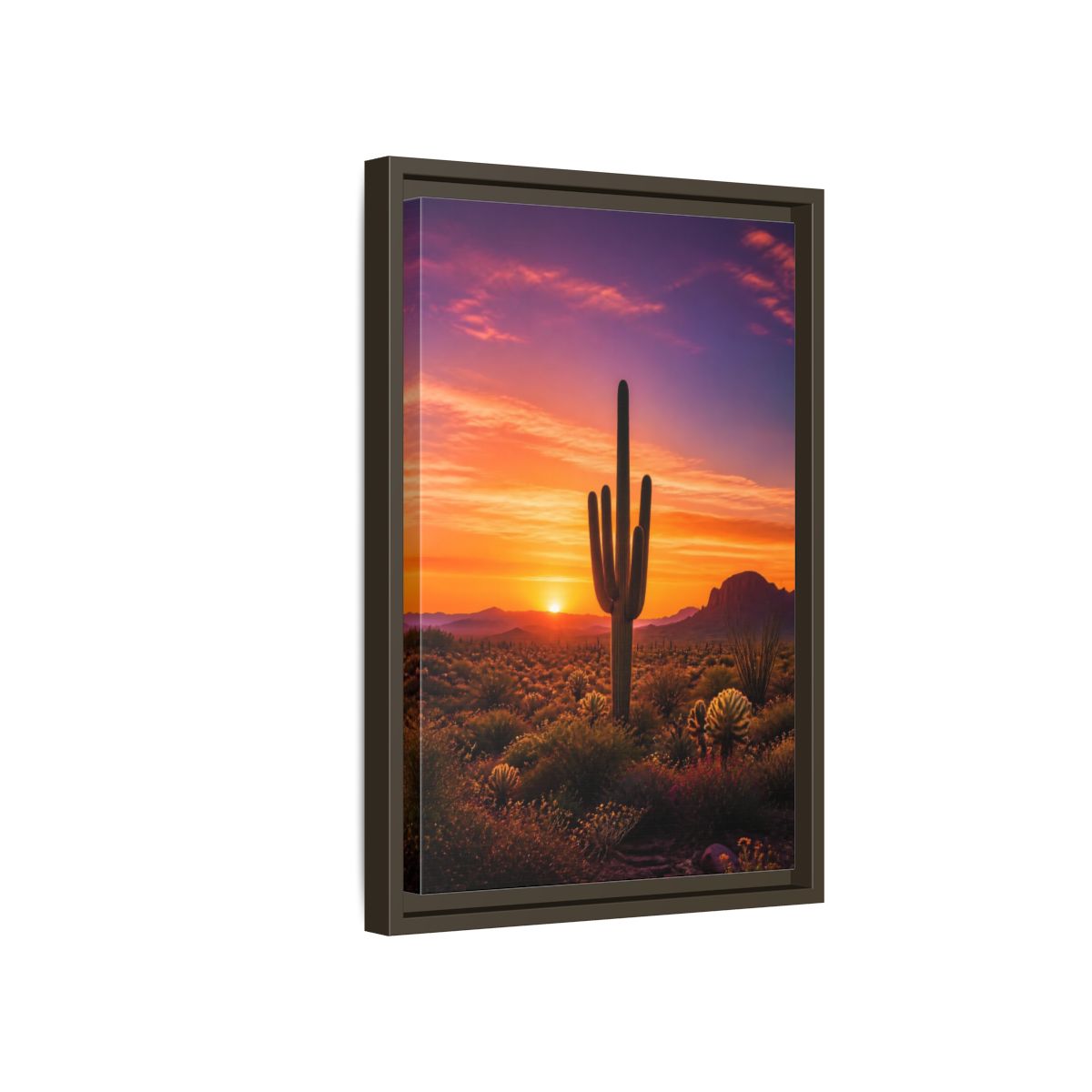 Side Mockup 5. Nature Saguaro Cactus Desert Sunset Orange shown as stretched canvas wall art