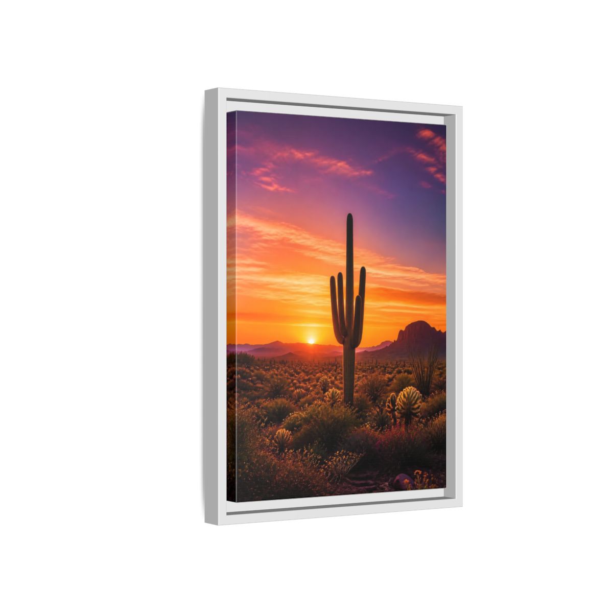 Side Mockup 4. Nature Saguaro Cactus Desert Sunset Orange shown as stretched canvas wall art