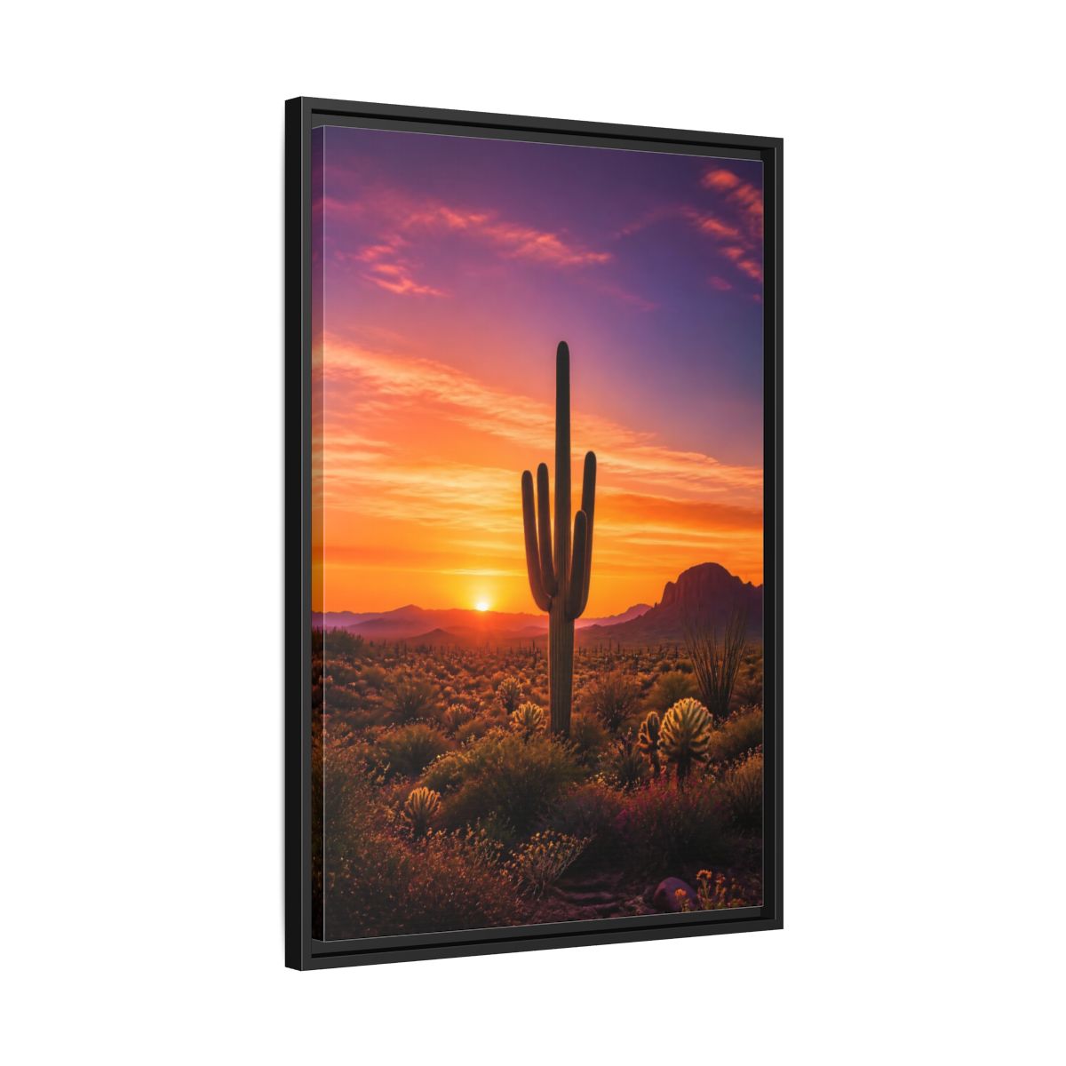 Side Mockup 14. Nature Saguaro Cactus Desert Sunset Orange shown as stretched canvas wall art