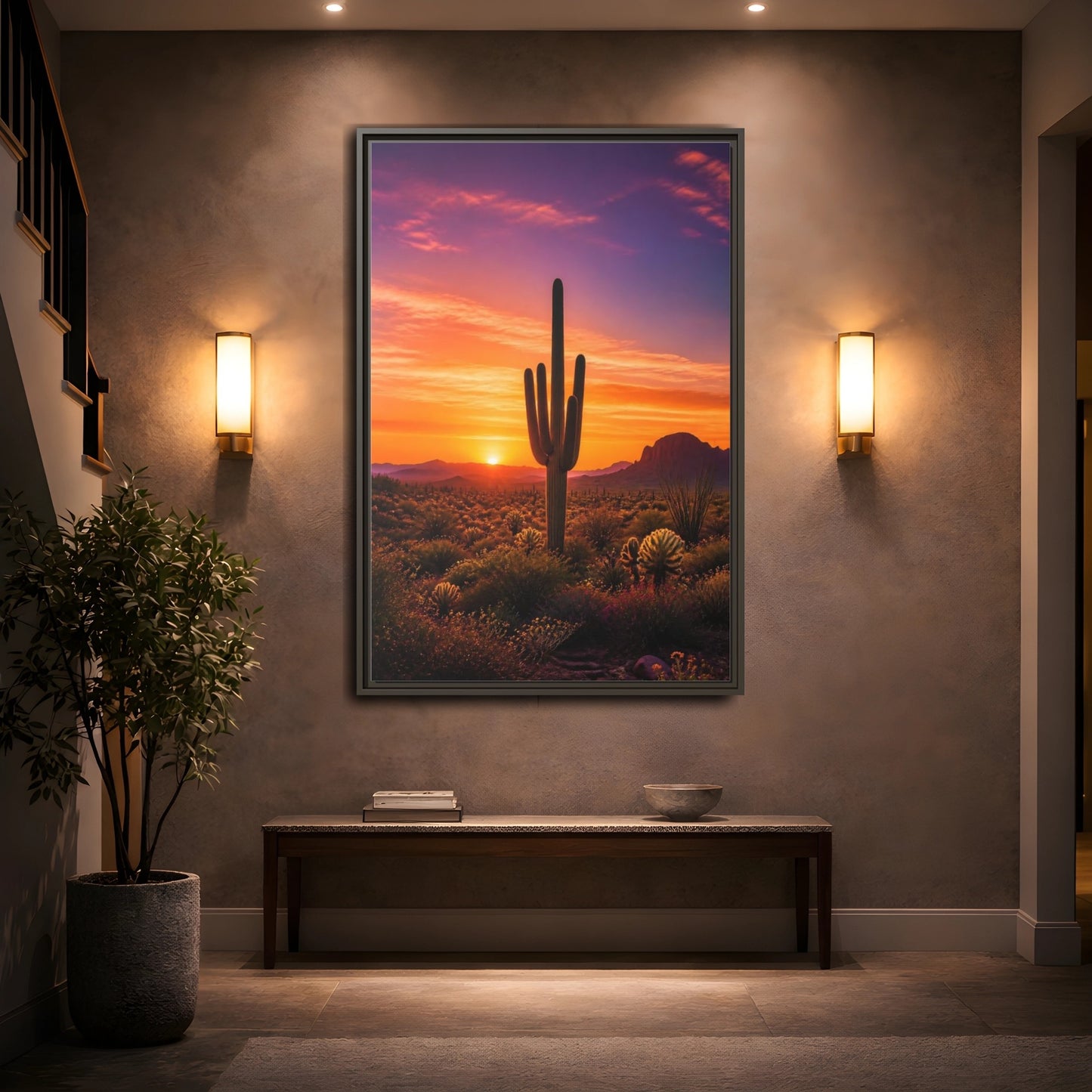 Mockup 2. Nature Saguaro Cactus Desert Sunset Orange shown as stretched canvas wall art