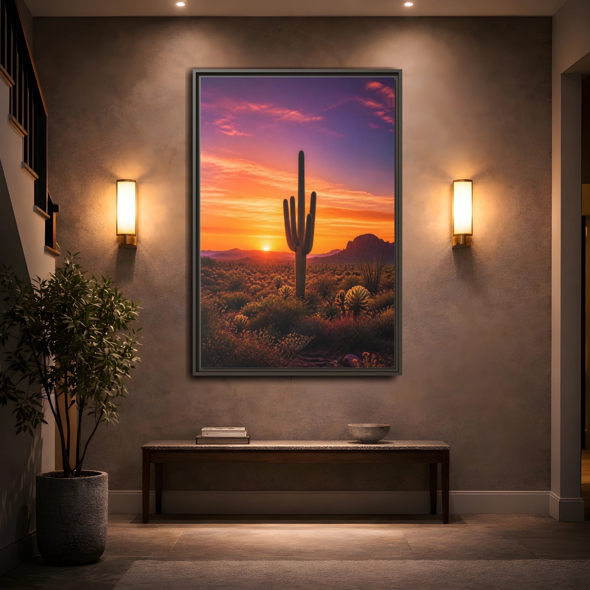 Mockup 2. Nature Saguaro Cactus Desert Sunset Orange shown as stretched canvas wall art