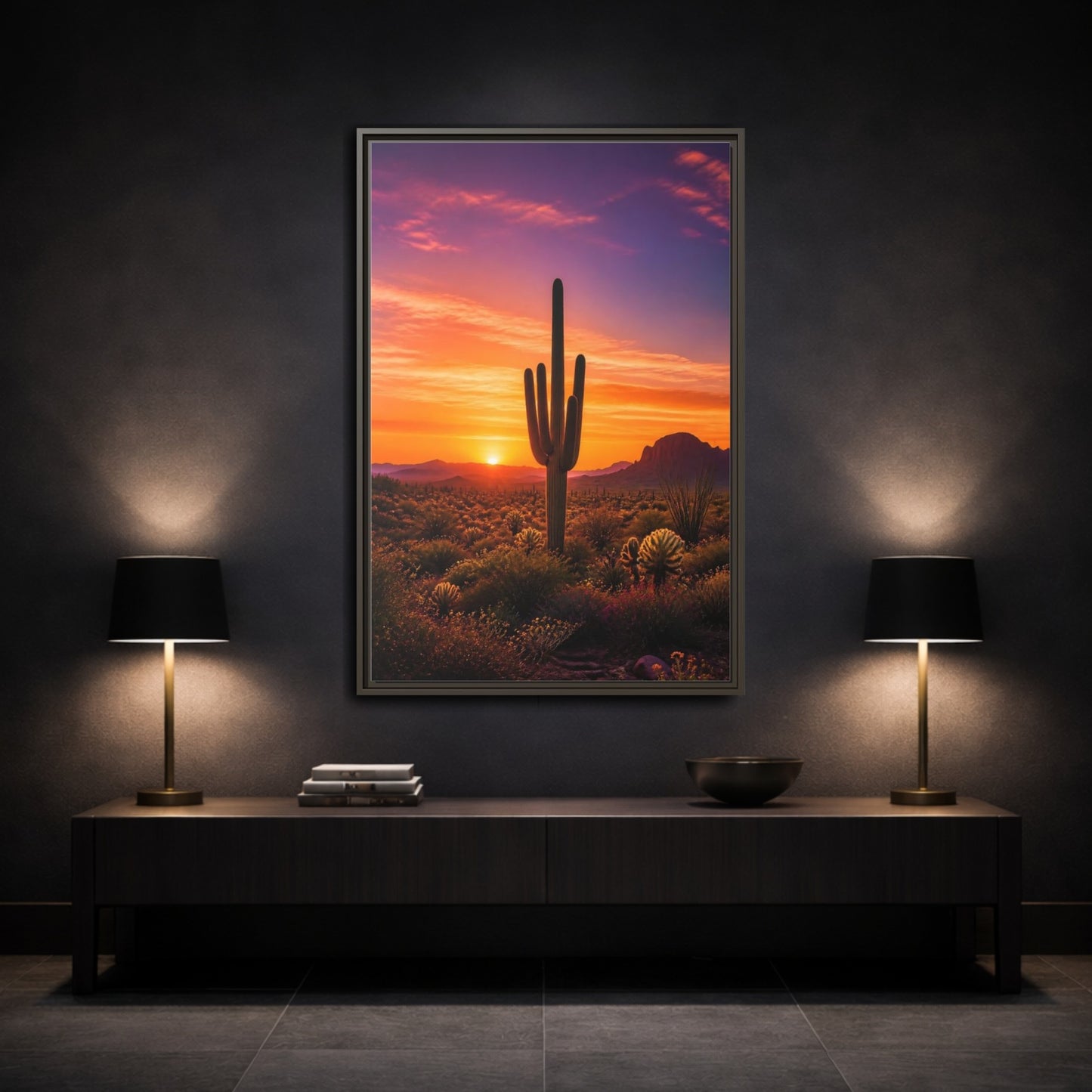 Mockup 3. Nature Saguaro Cactus Desert Sunset Orange shown as stretched canvas wall art