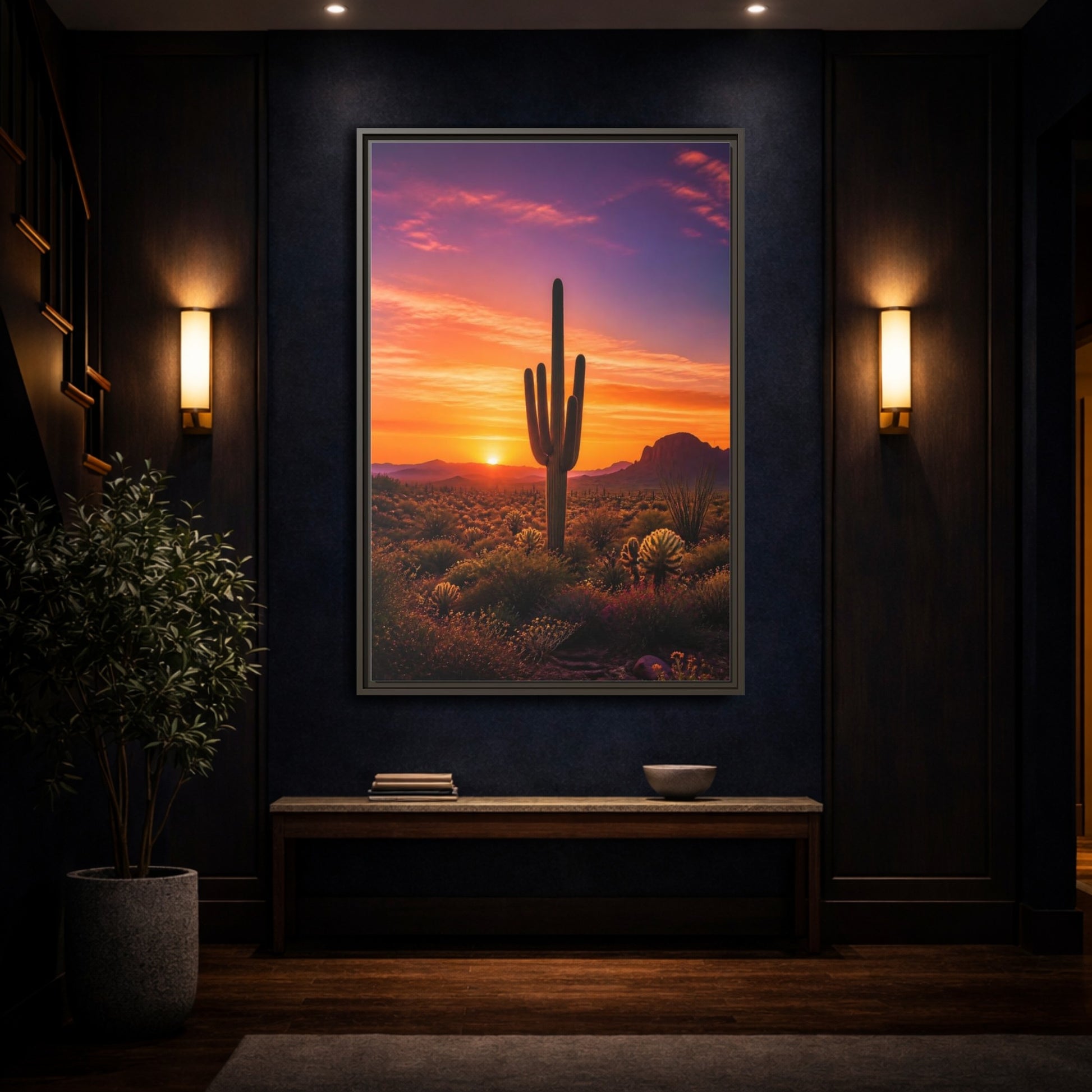 Mockup 4. Nature Saguaro Cactus Desert Sunset Orange shown as stretched canvas wall art