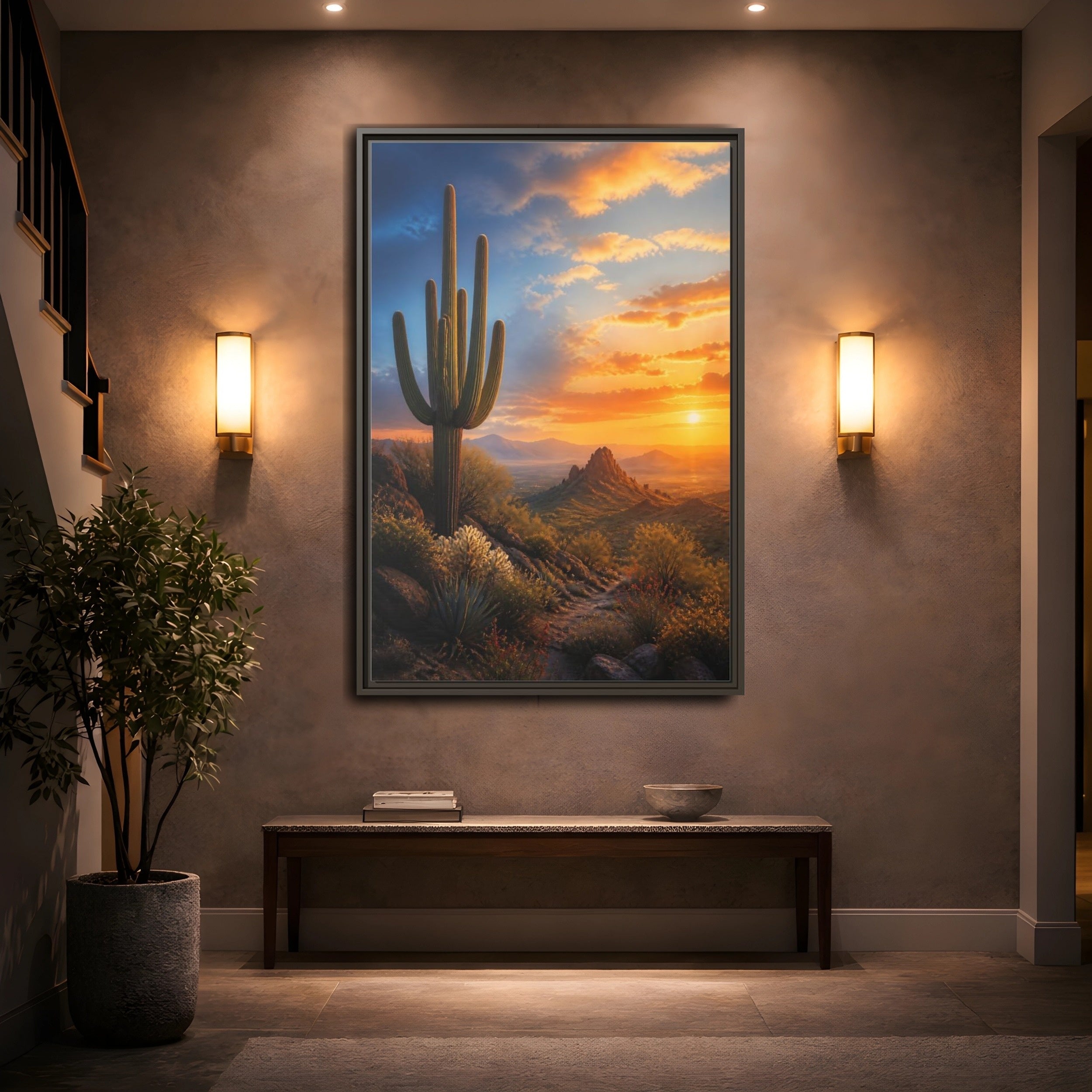 Mockup 2. Nature Saguaro Cactus Desert Sunset shown as stretched canvas wall art