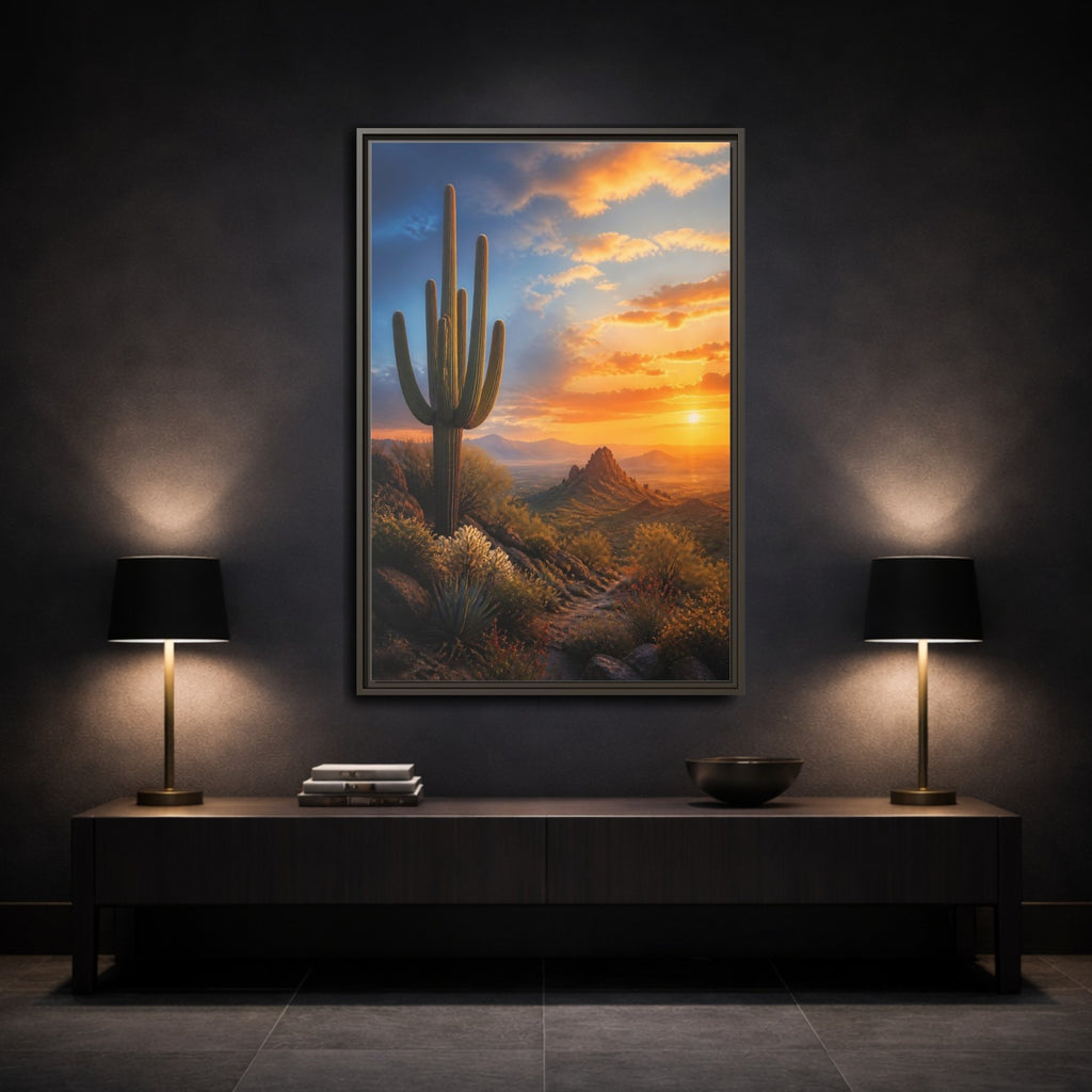 Mockup 3. Nature Saguaro Cactus Desert Sunset shown as stretched canvas wall art