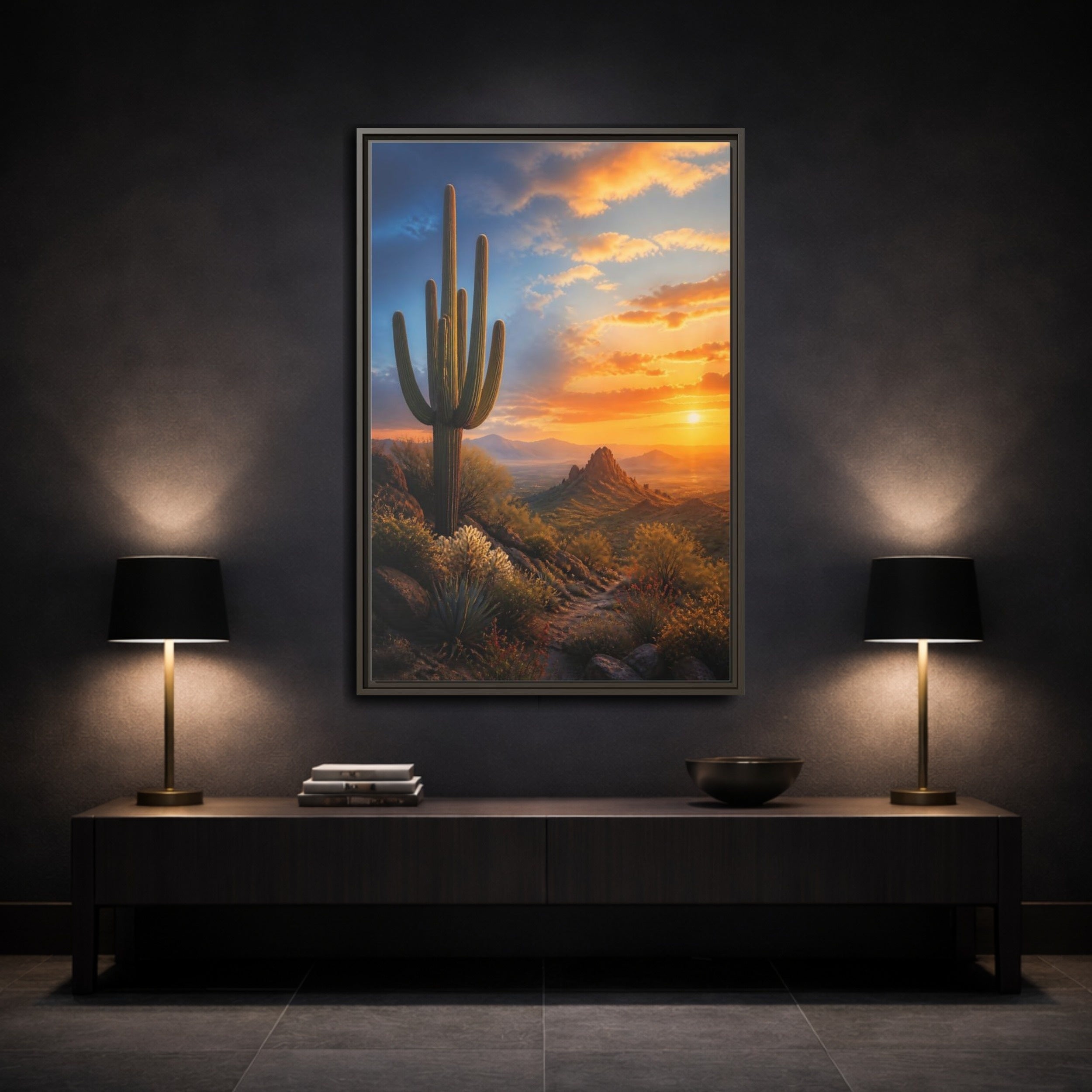 Mockup 3. Nature Saguaro Cactus Desert Sunset shown as stretched canvas wall art