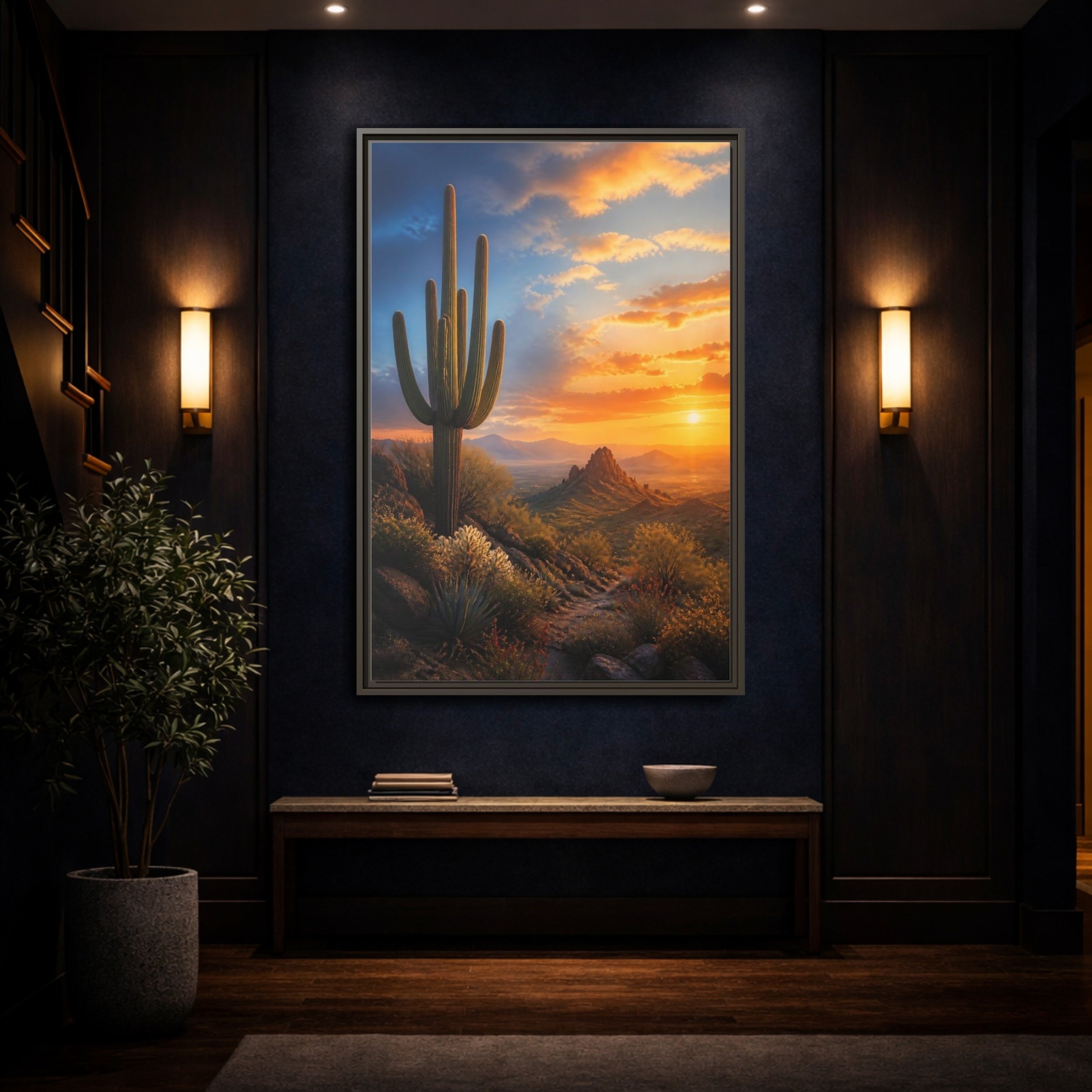 Mockup 4. Nature Saguaro Cactus Desert Sunset shown as stretched canvas wall art