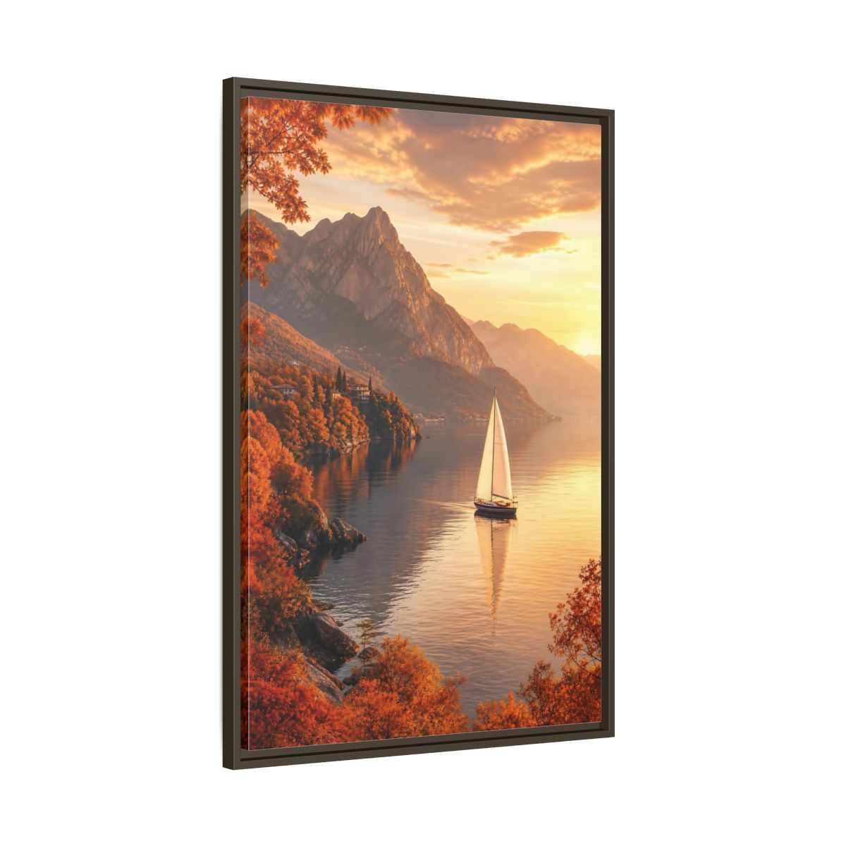 Main Mockup. Nature Sailboat Autumn Sunset Lake shown as stretched canvas wall art