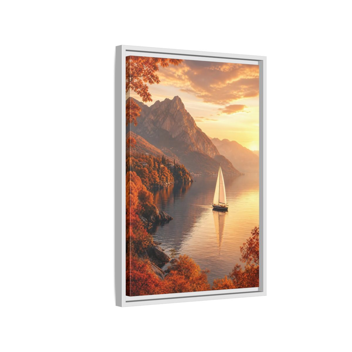Side Mockup 1. Nature Sailboat Autumn Sunset Lake shown as stretched canvas wall art
