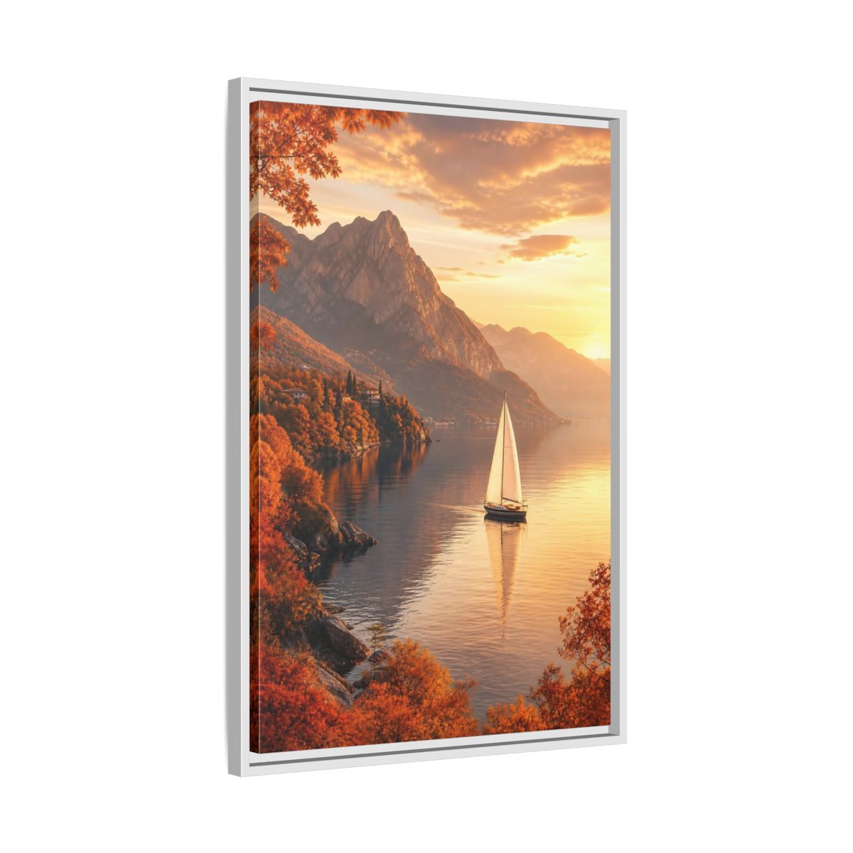 Side Mockup 10. Nature Sailboat Autumn Sunset Lake shown as stretched canvas wall art