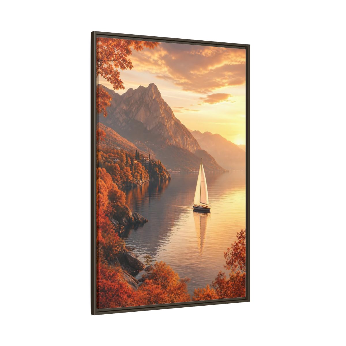 Side Mockup 8. Nature Sailboat Autumn Sunset Lake shown as stretched canvas wall art