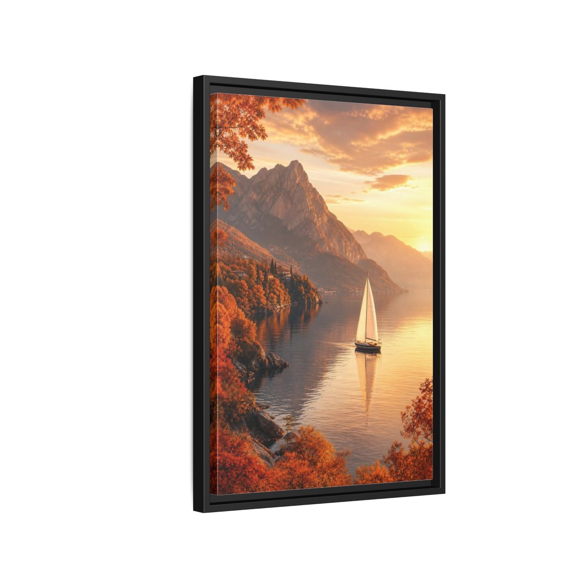 Side Mockup 3. Nature Sailboat Autumn Sunset Lake shown as stretched canvas wall art