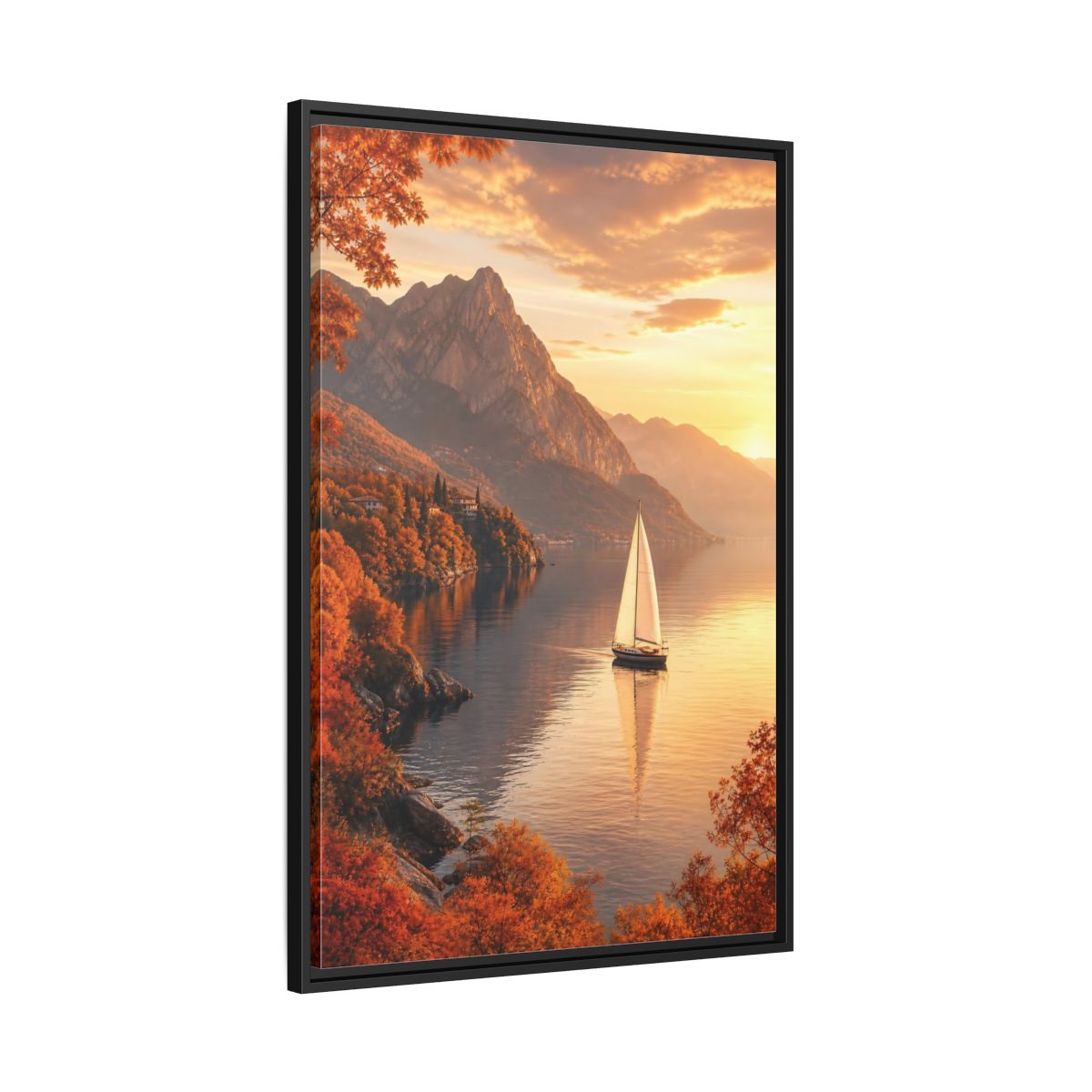 Side Mockup 13. Nature Sailboat Autumn Sunset Lake shown as stretched canvas wall art