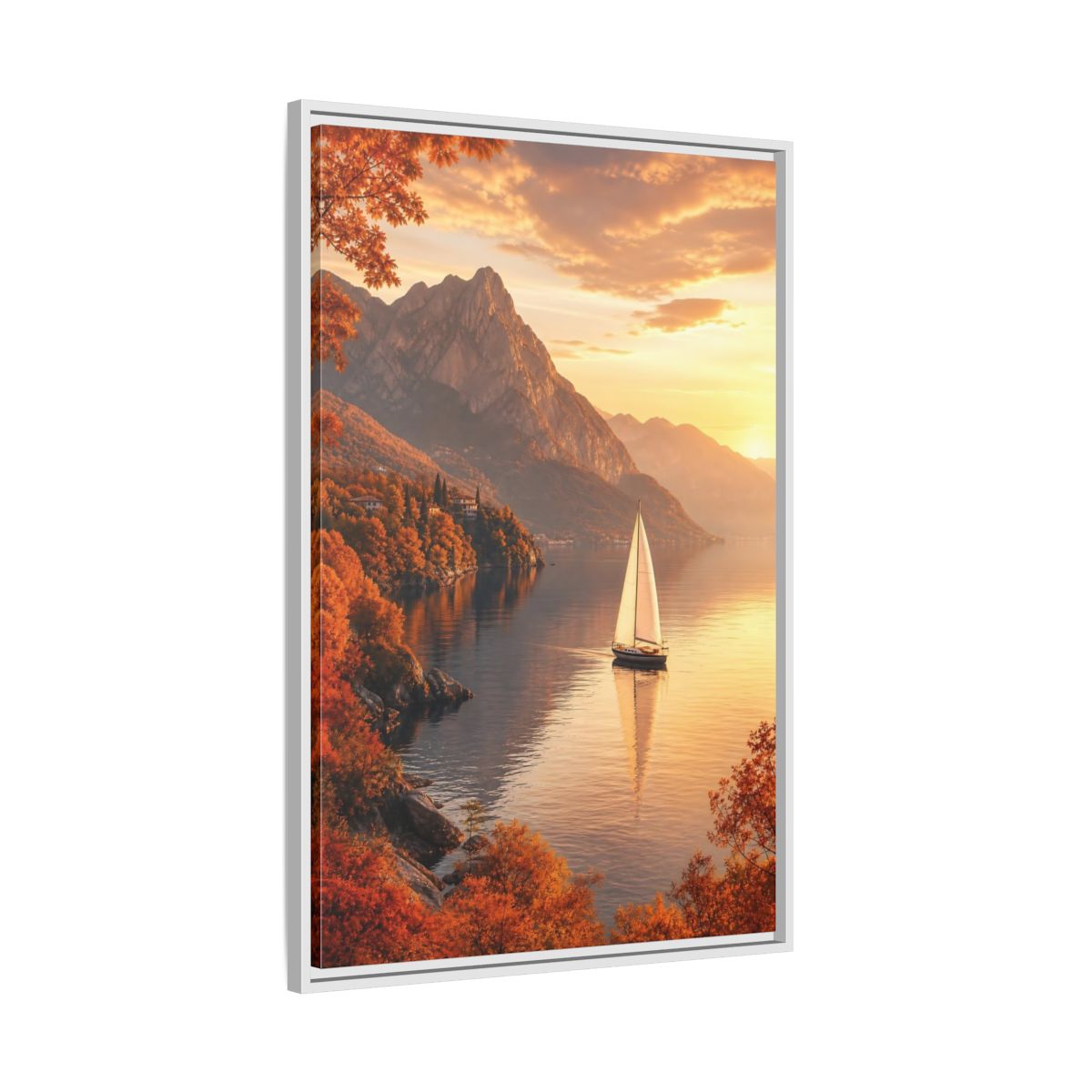 Side Mockup 9. Nature Sailboat Autumn Sunset Lake shown as stretched canvas wall art