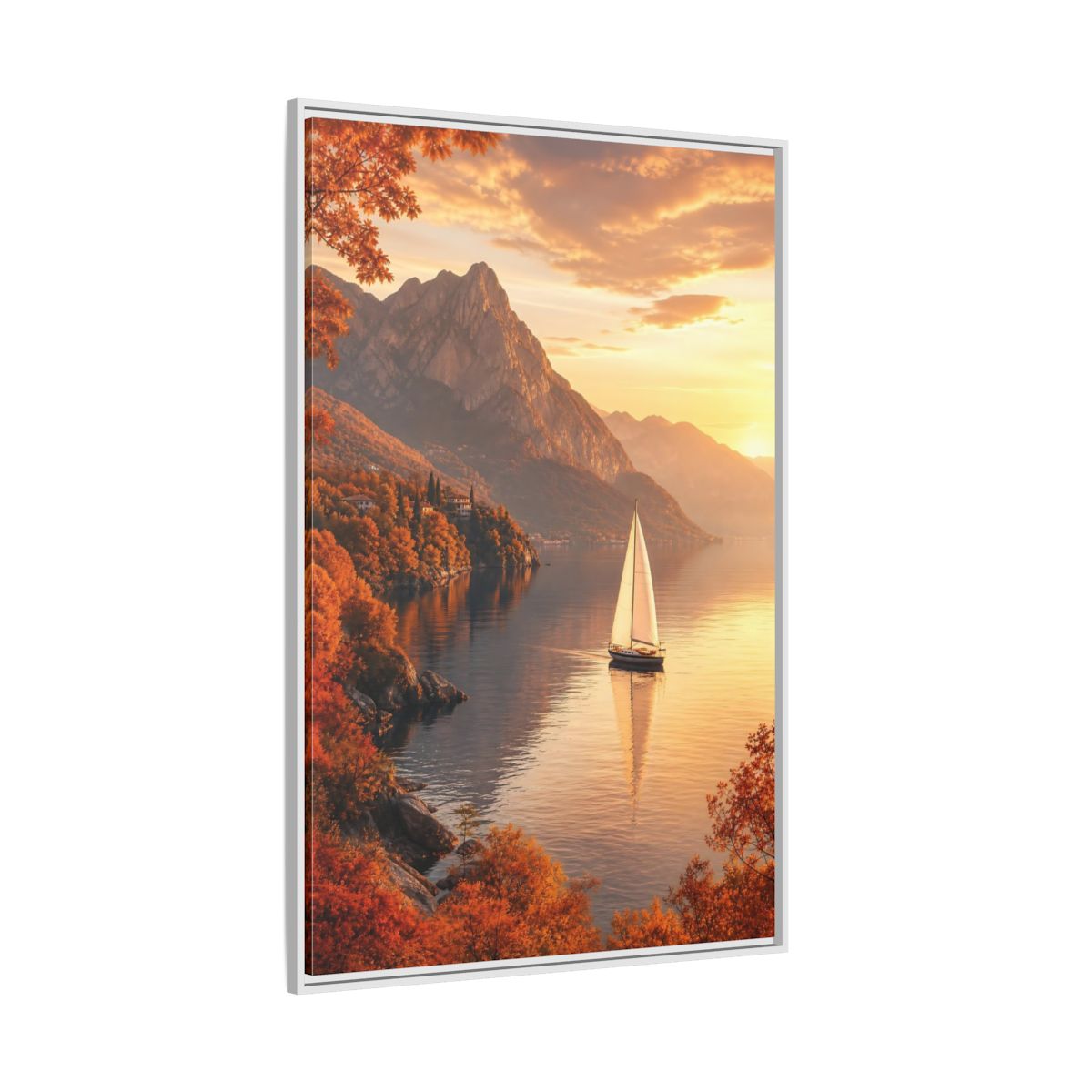Side Mockup 7. Nature Sailboat Autumn Sunset Lake shown as stretched canvas wall art