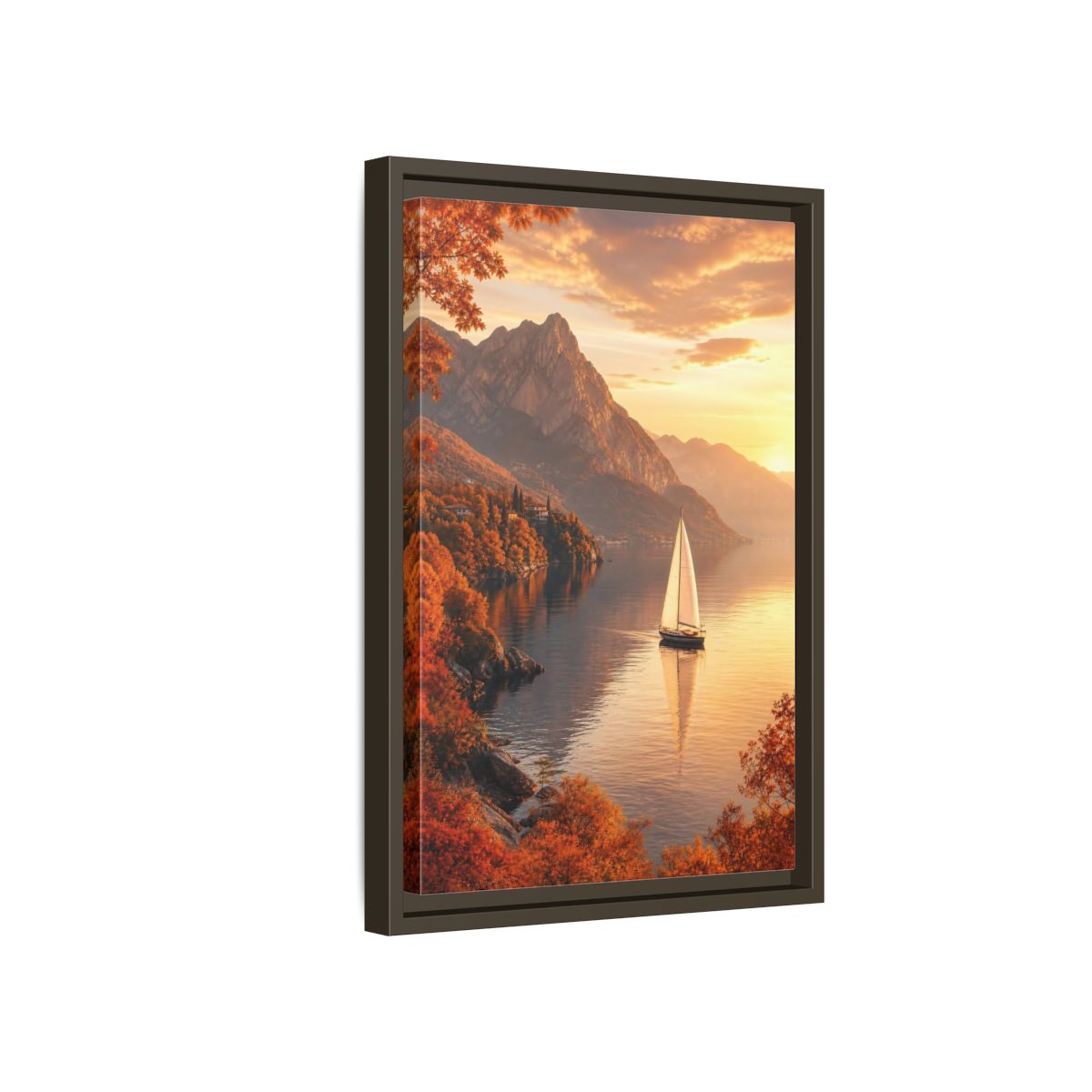 Side Mockup 5. Nature Sailboat Autumn Sunset Lake shown as stretched canvas wall art