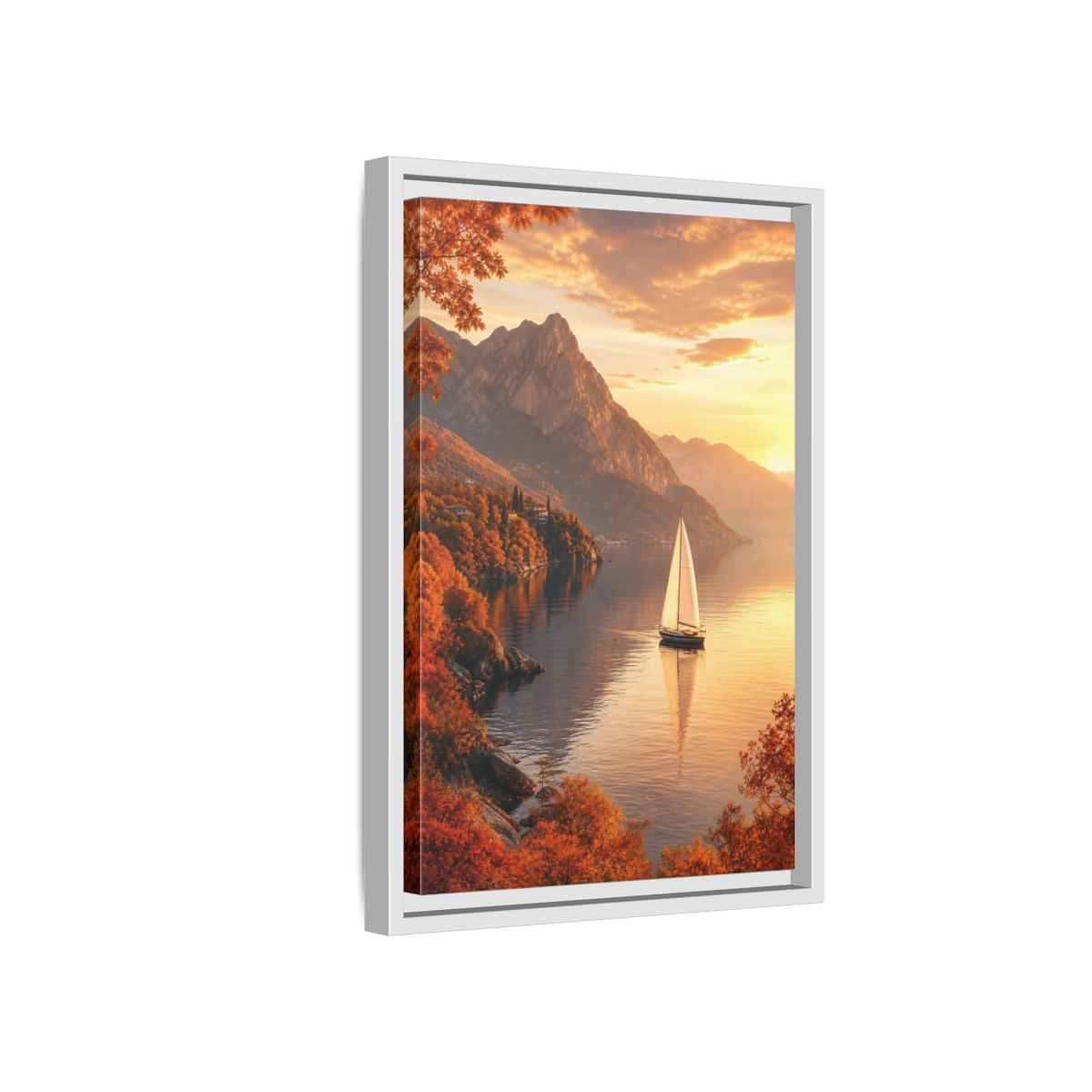Side Mockup 4. Nature Sailboat Autumn Sunset Lake shown as stretched canvas wall art