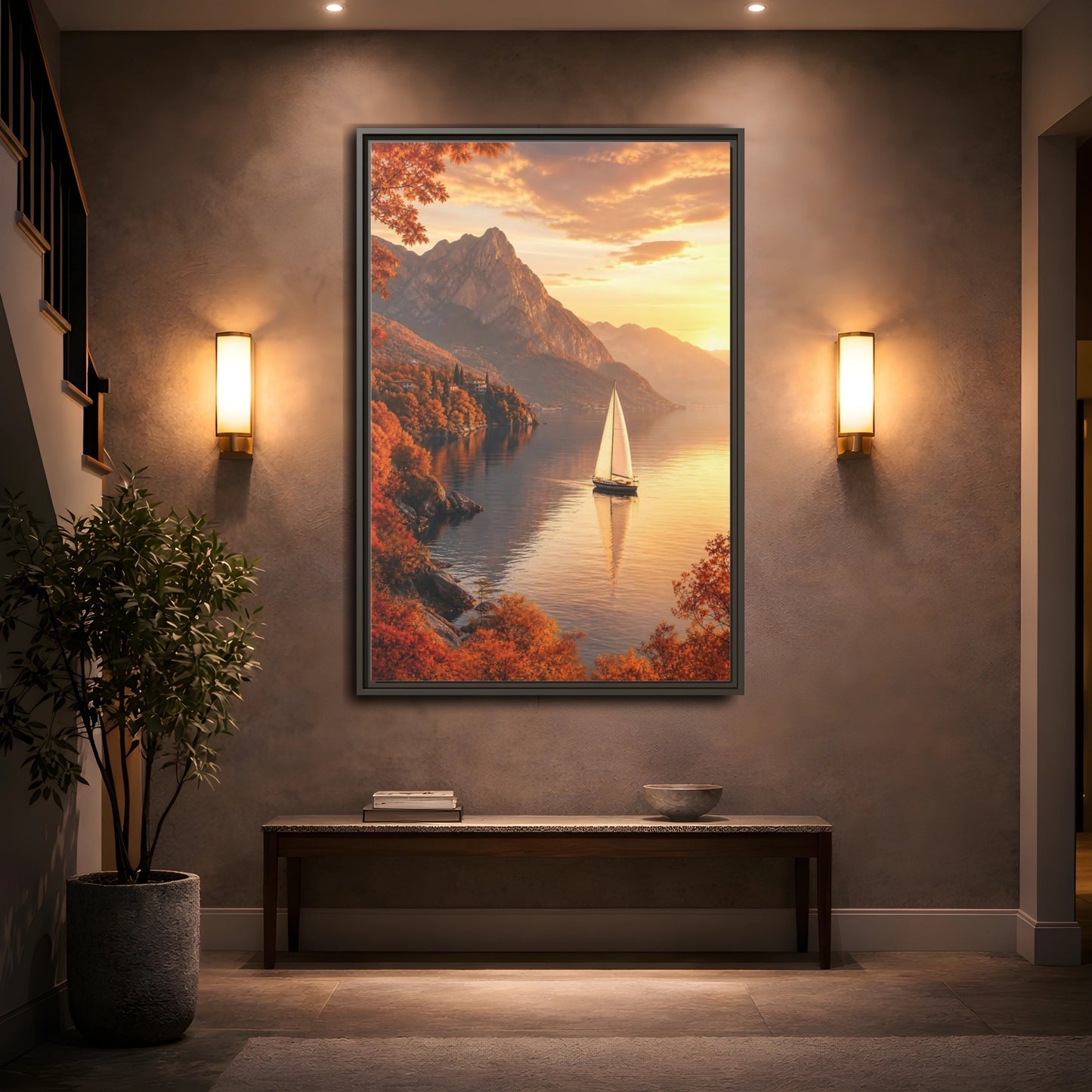 Mockup 2. Nature Sailboat Autumn Sunset Lake shown as stretched canvas wall art