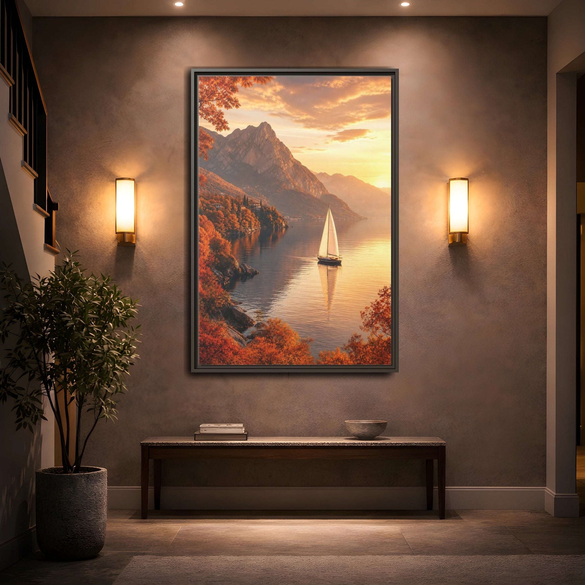 Mockup 2. Nature Sailboat Autumn Sunset Lake shown as stretched canvas wall art