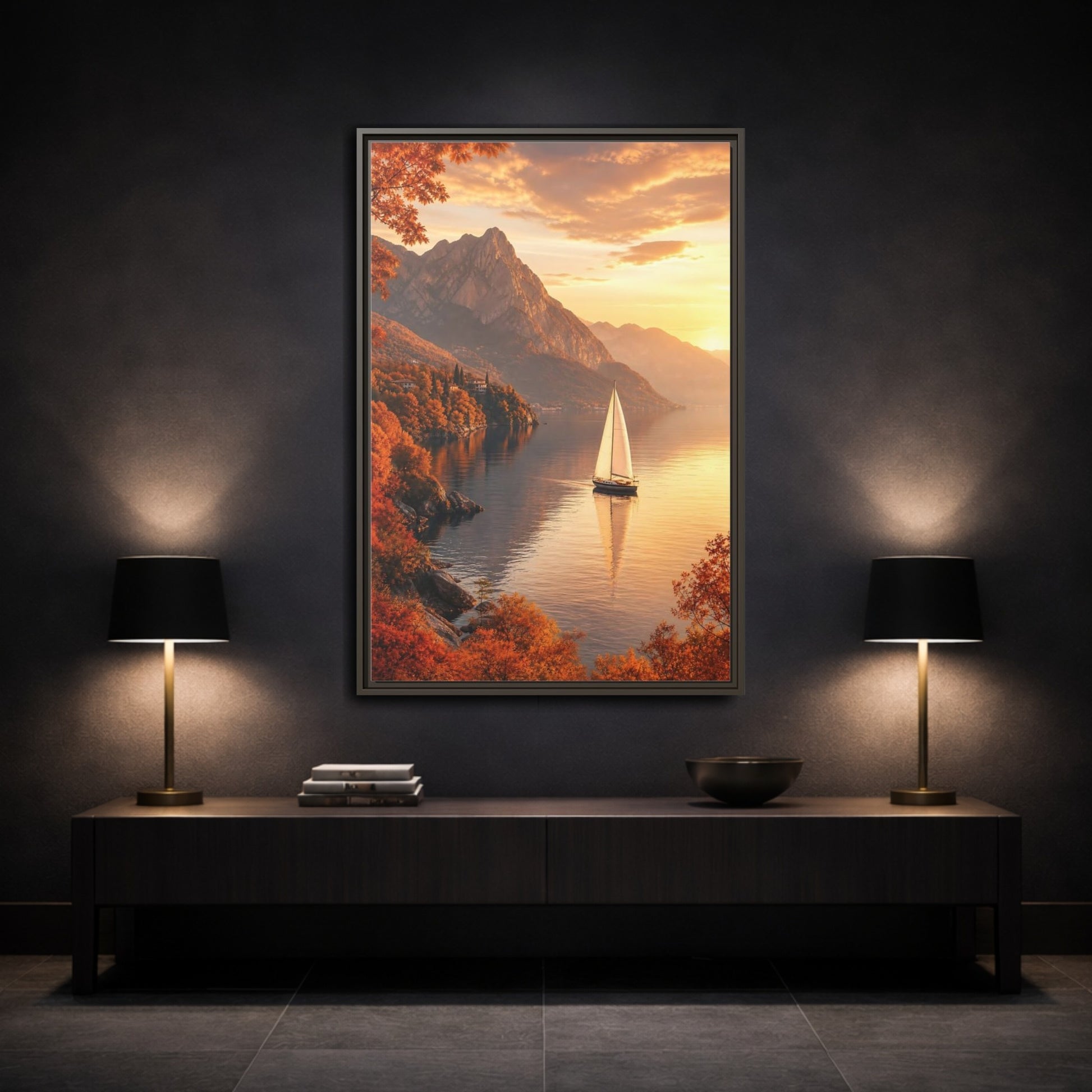 Mockup 3. Nature Sailboat Autumn Sunset Lake shown as stretched canvas wall art