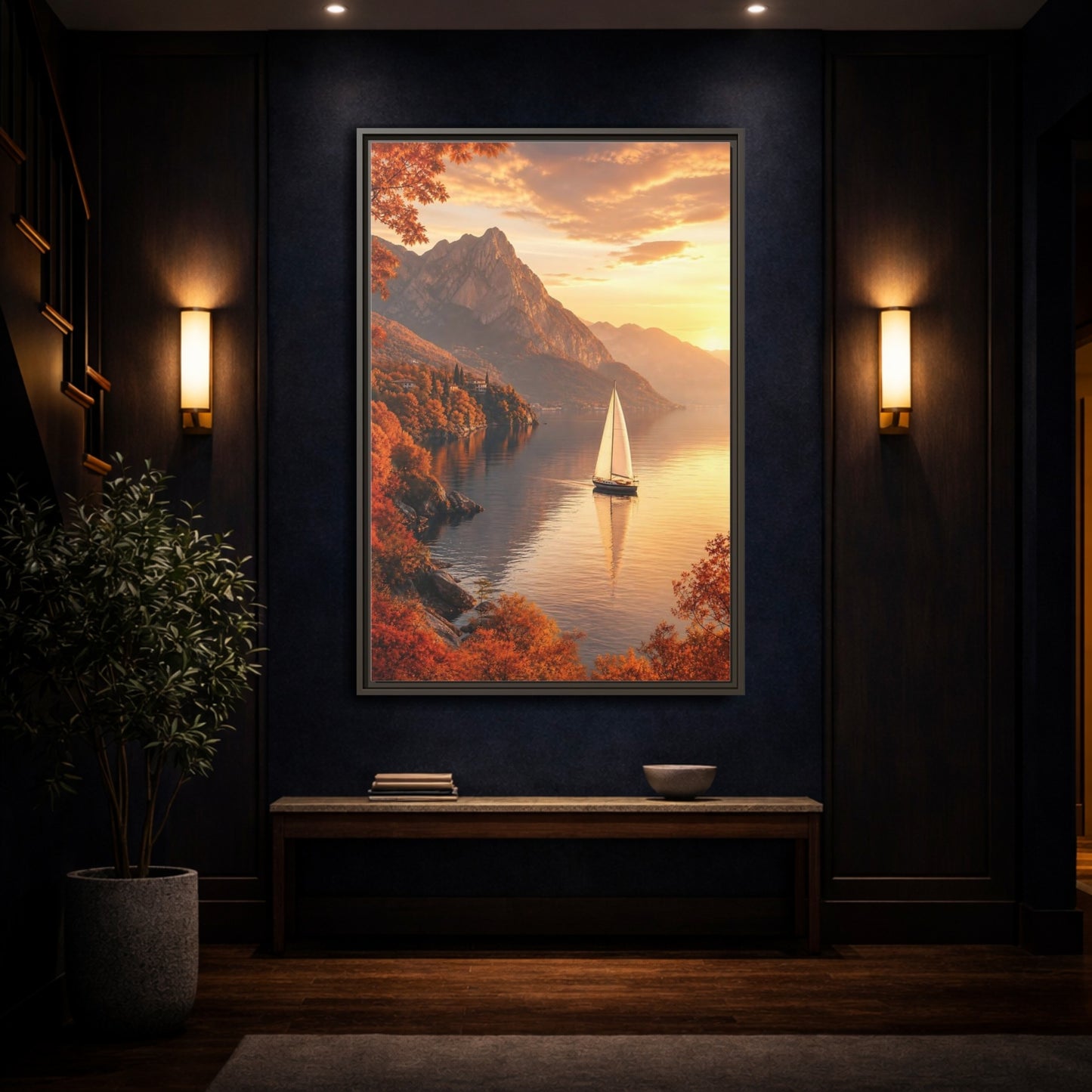 Mockup 4. Nature Sailboat Autumn Sunset Lake shown as stretched canvas wall art