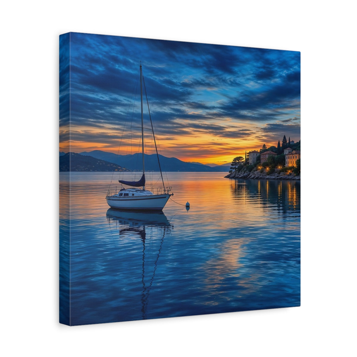 Side Mockup 7. Nature Sailboat Coastal Sunset shown as stretched canvas wall art