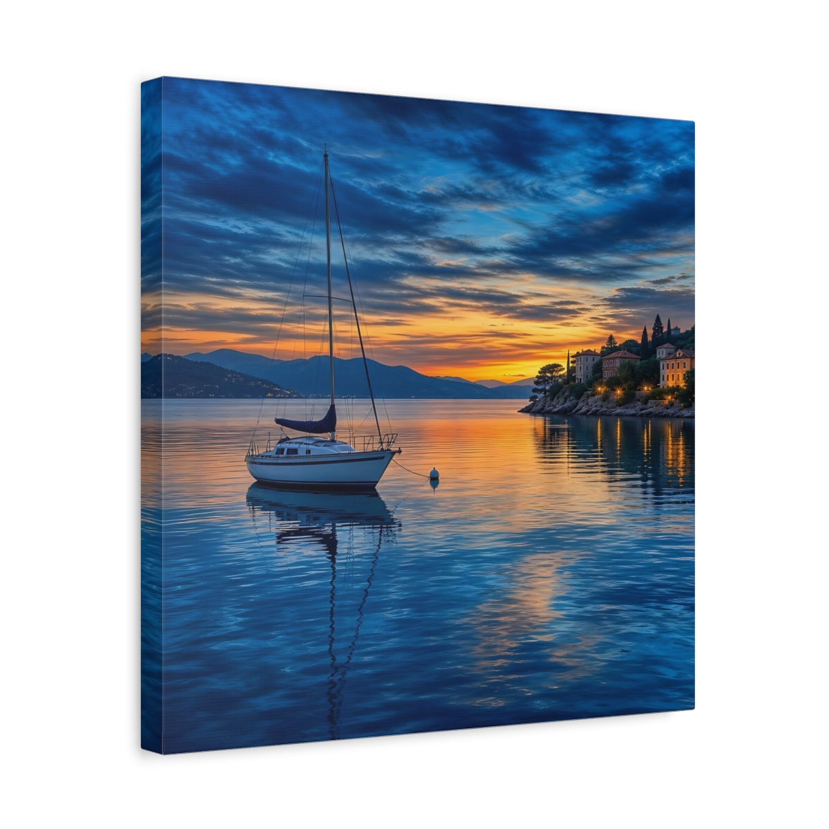 Side Mockup 6. Nature Sailboat Coastal Sunset shown as stretched canvas wall art