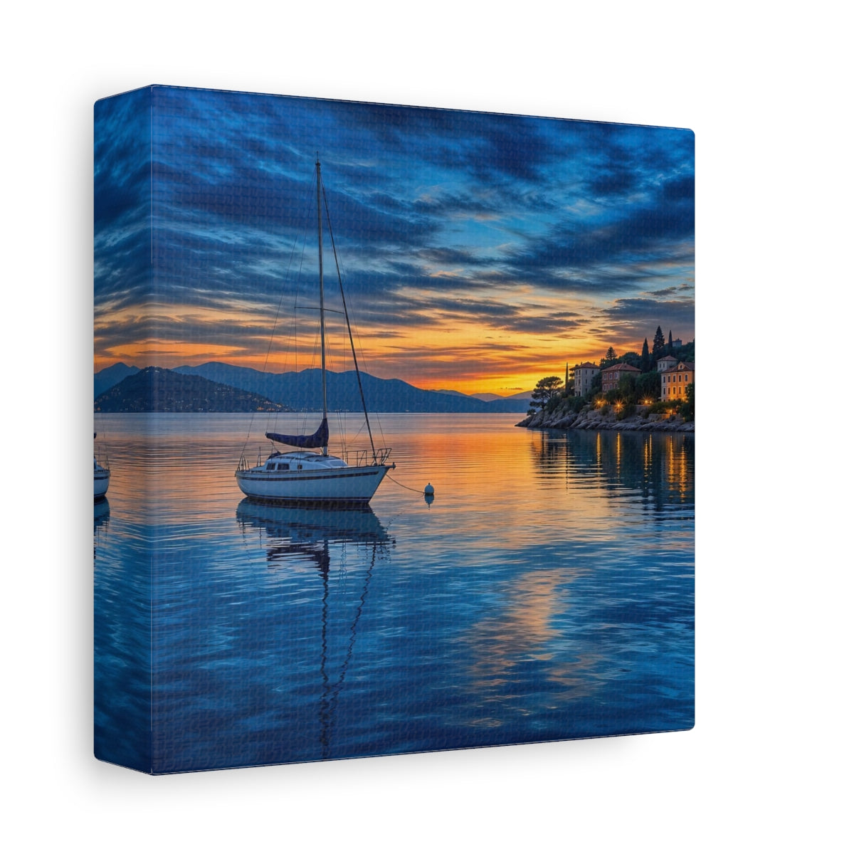 Side Mockup 2. Nature Sailboat Coastal Sunset shown as stretched canvas wall art