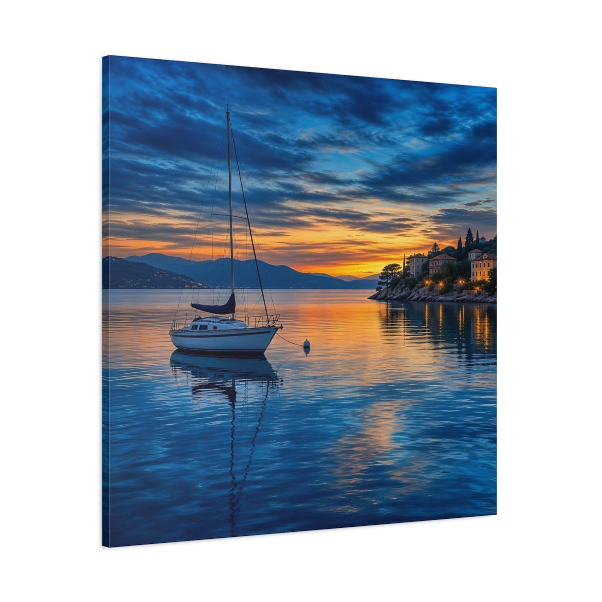 Side Mockup 1. Nature Sailboat Coastal Sunset shown as stretched canvas wall art
