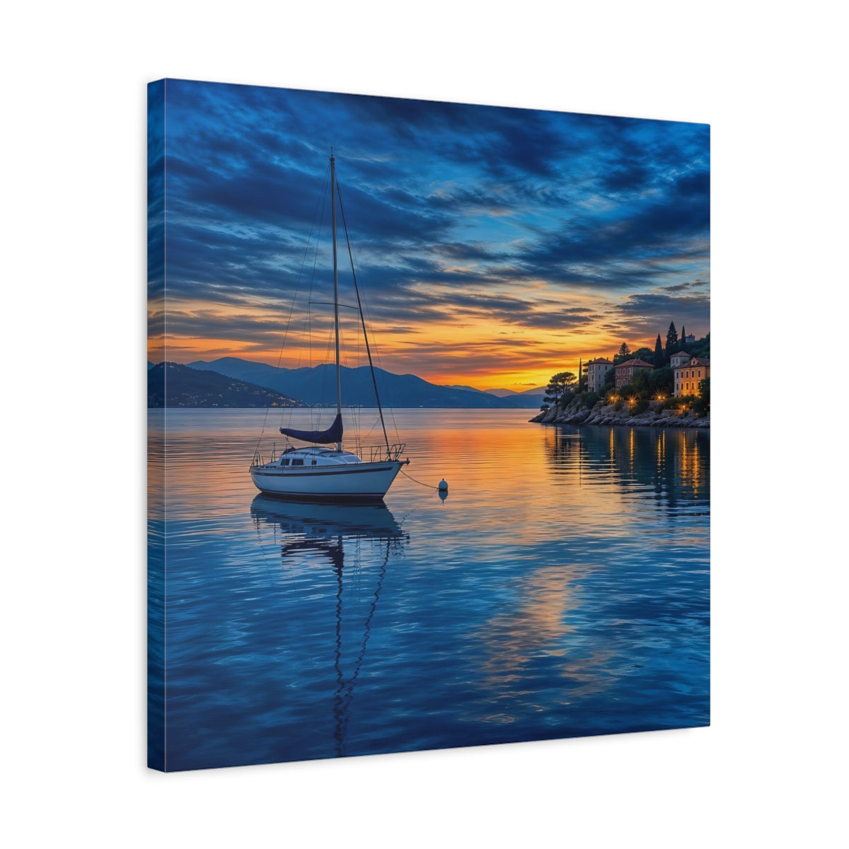 Side Mockup 5. Nature Sailboat Coastal Sunset shown as stretched canvas wall art