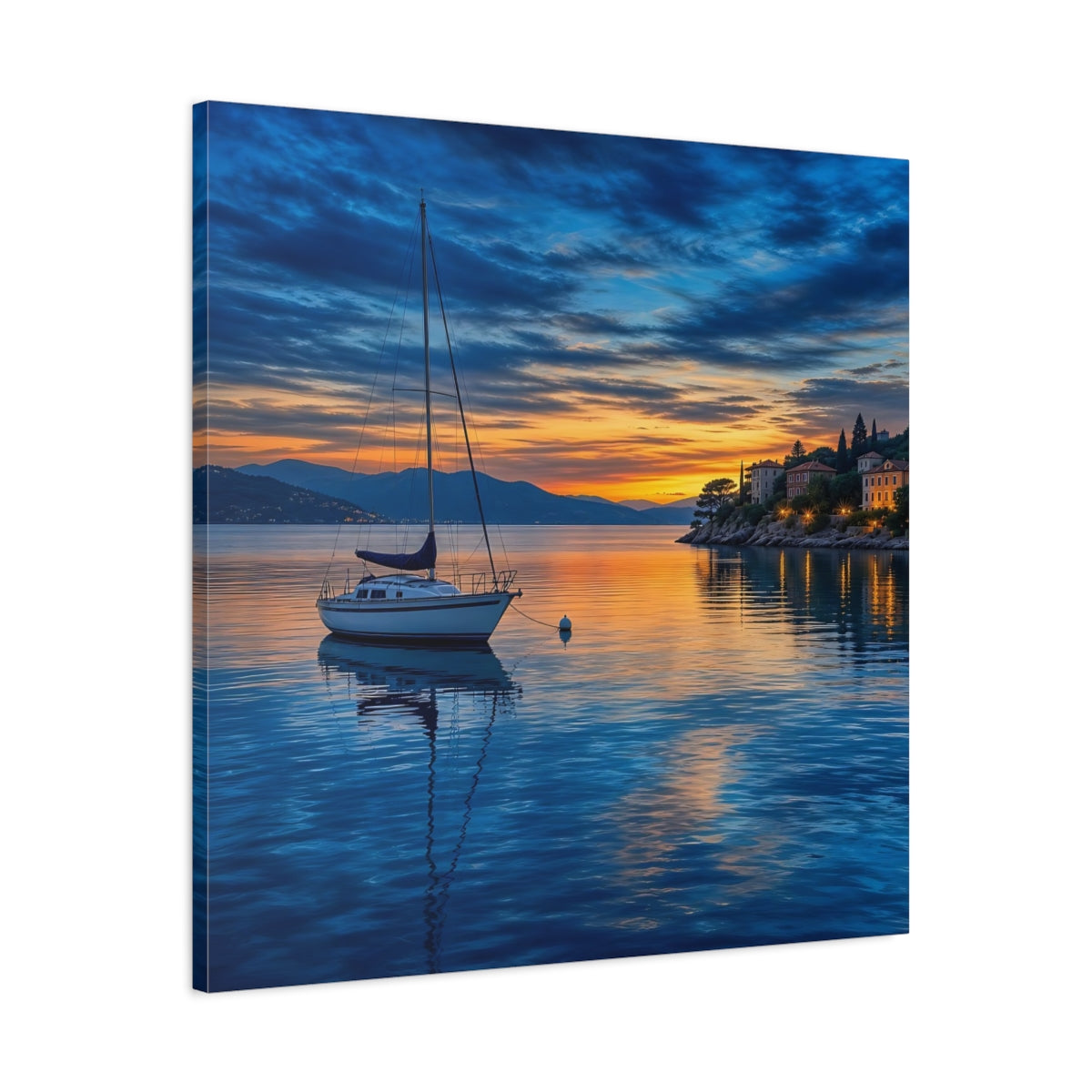 Side Mockup 3. Nature Sailboat Coastal Sunset shown as stretched canvas wall art