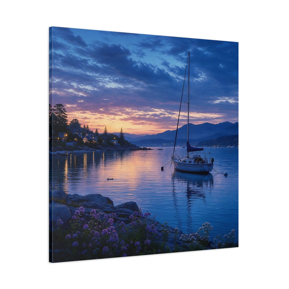 Side Mockup 1. Nature Sailboat Coastal Sunset shown as stretched canvas wall art