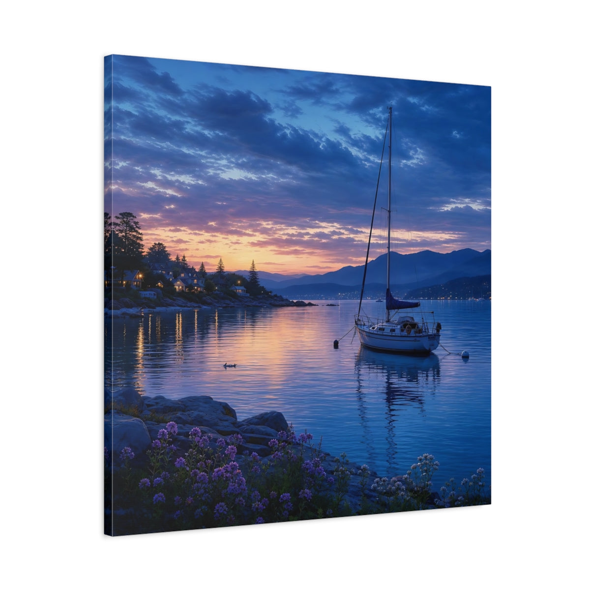 Side Mockup 3. Nature Sailboat Coastal Sunset shown as stretched canvas wall art