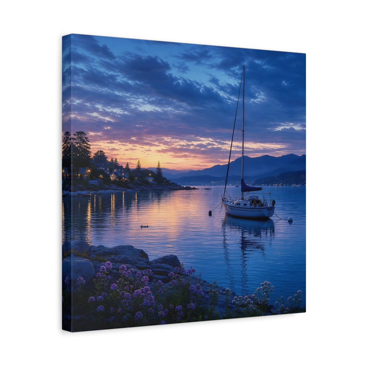 Side Mockup 6. Nature Sailboat Coastal Sunset shown as stretched canvas wall art