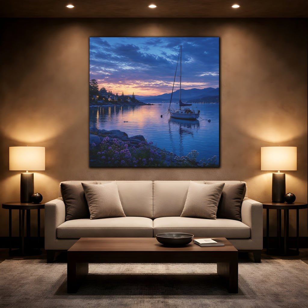 Mockup 2. Nature Sailboat Coastal Sunset shown as stretched canvas wall art