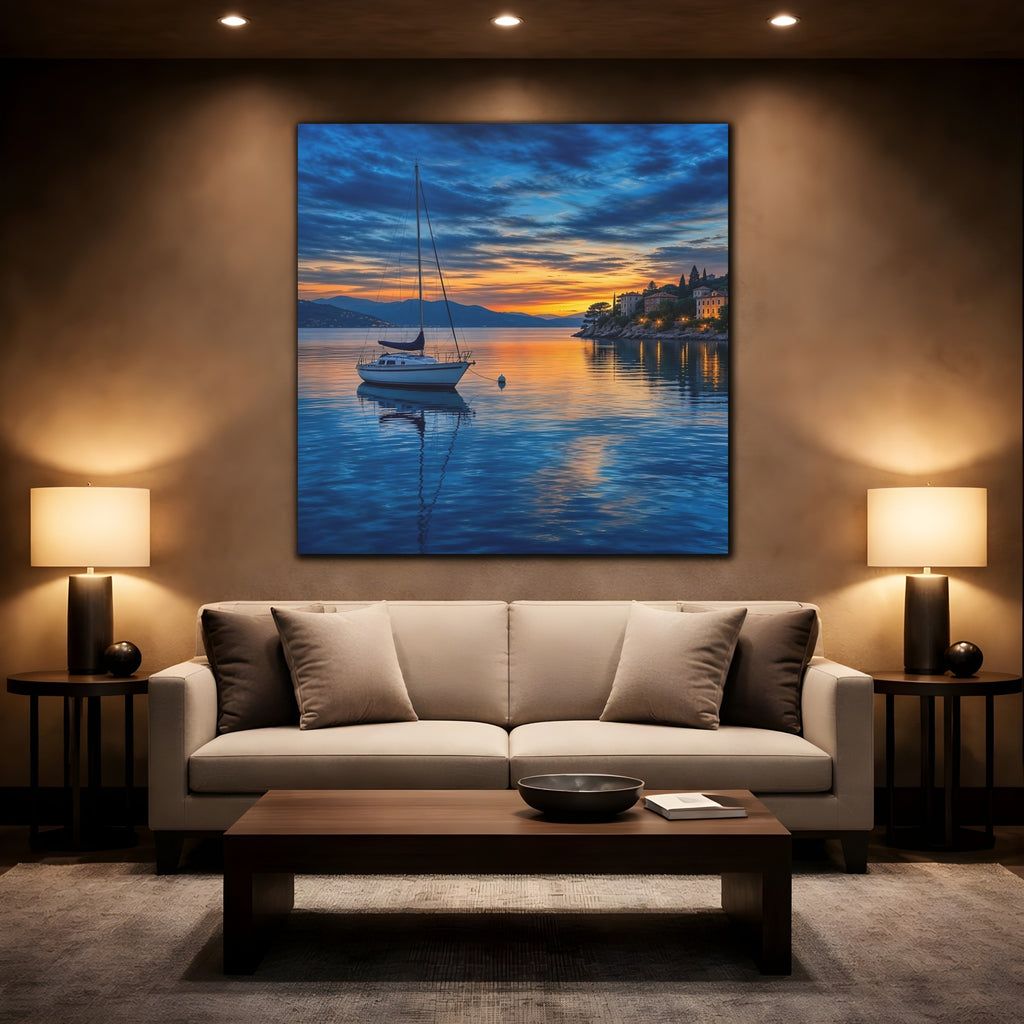 Mockup 2. Nature Sailboat Coastal Sunset shown as stretched canvas wall art